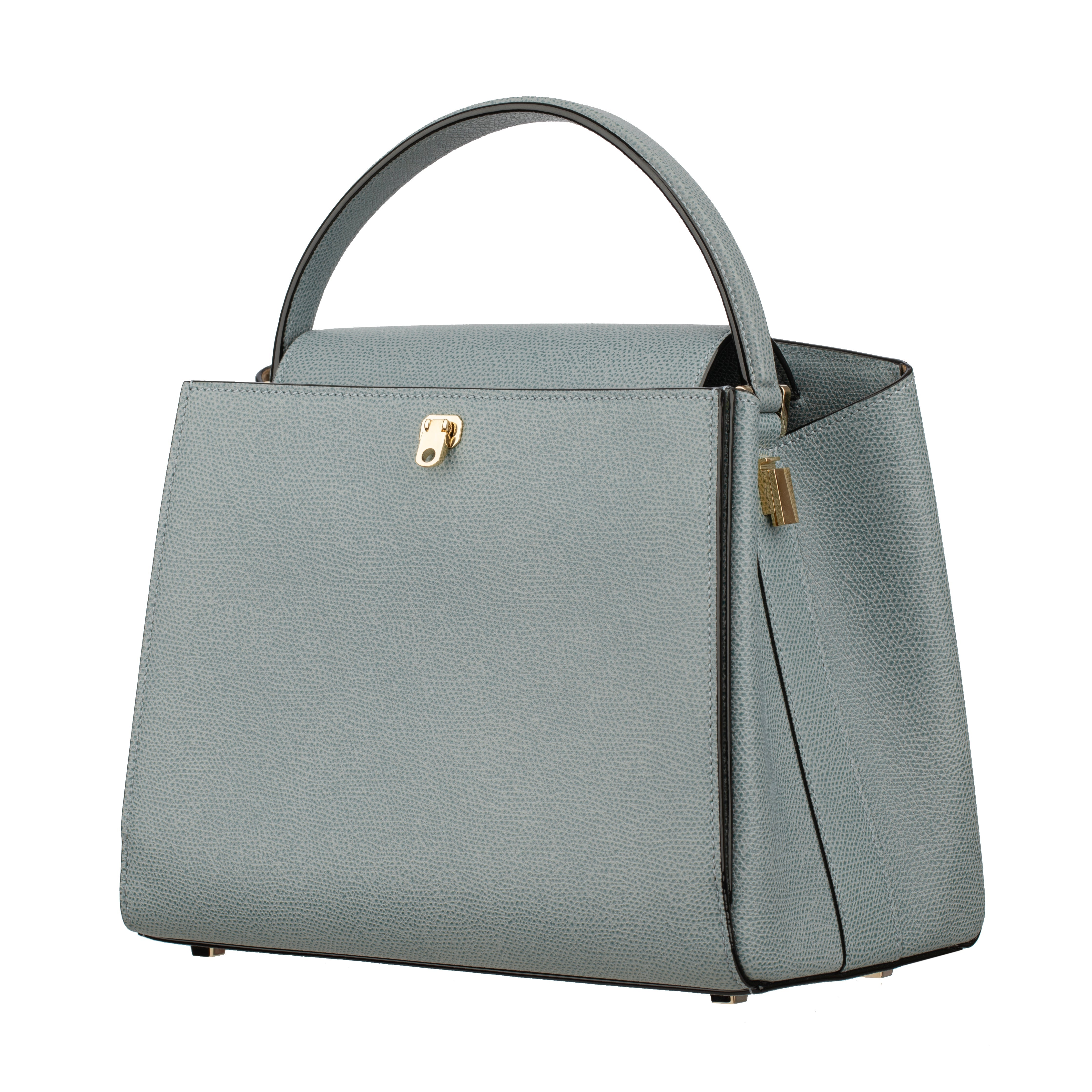Valextra Brera Smokey Blue Grained Leather Medium Top Handle with Gold Tone Hardware