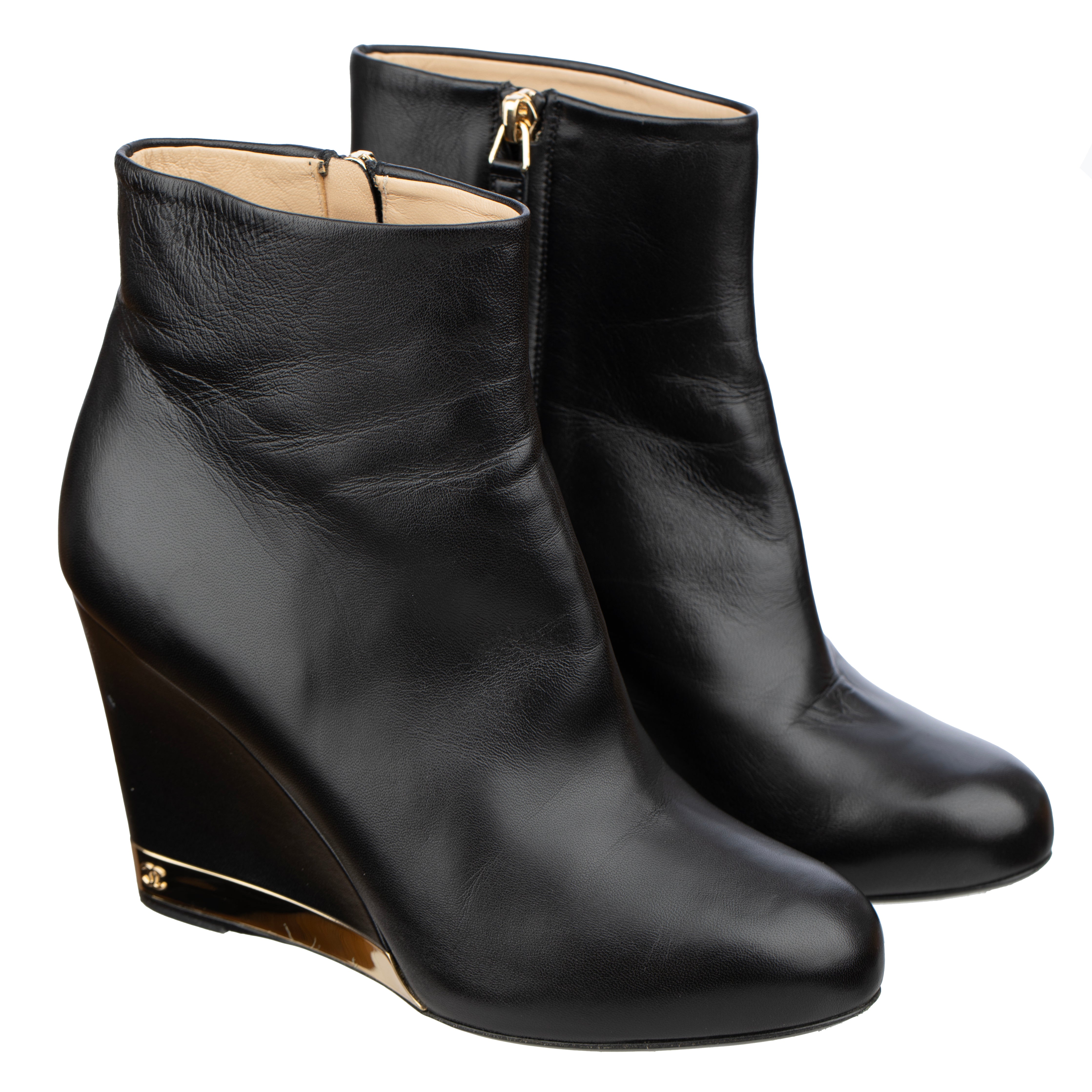 Chanel Wedge Booties In Black Leather With Gold Details - Size | 38 C FR
