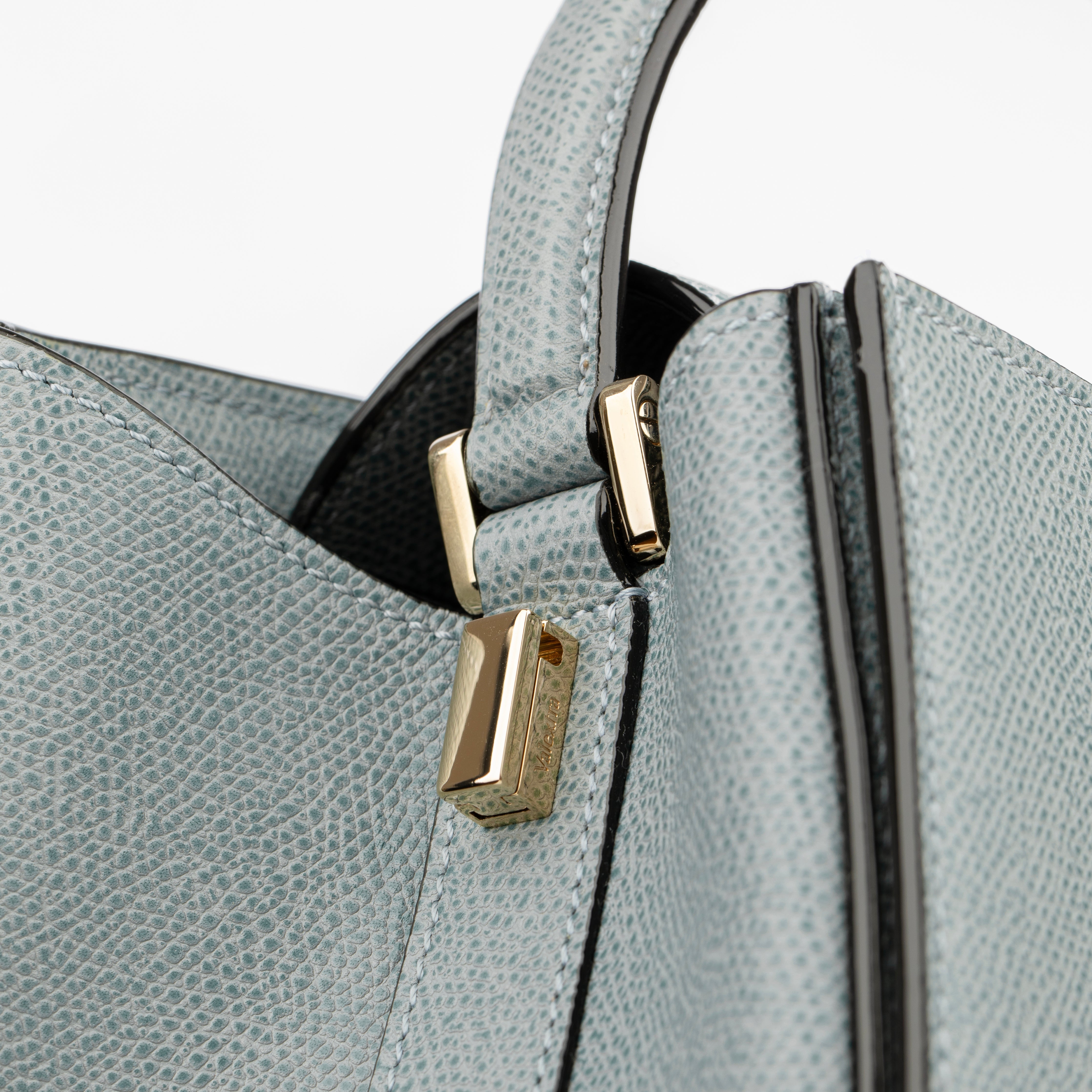 Valextra Brera Smokey Blue Grained Leather Medium Top Handle with Gold Tone Hardware