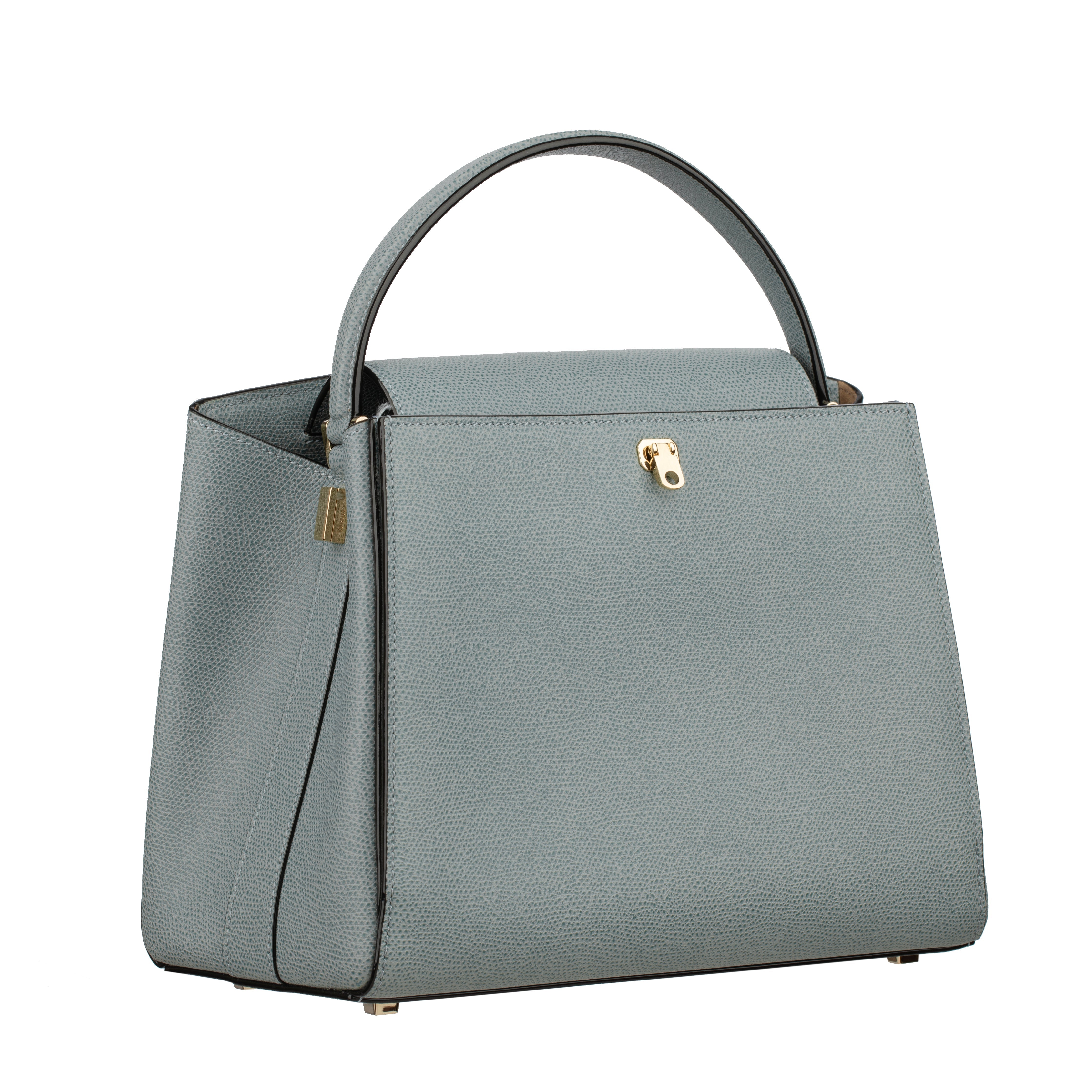 Valextra Brera Smokey Blue Grained Leather Medium Top Handle with Gold Tone Hardware