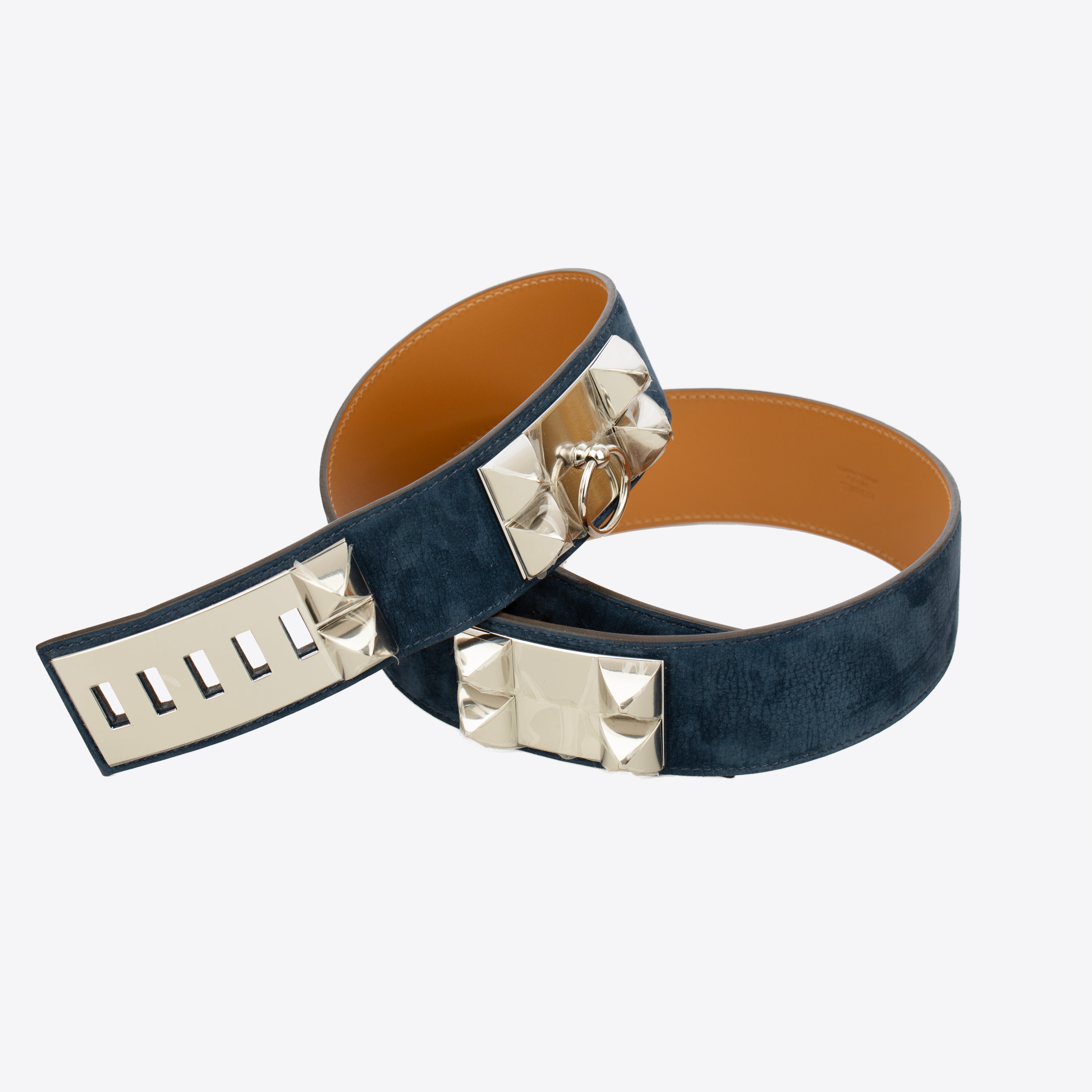 Hermes Collier De Chien Blue Indigo Suede Leather Medor Belt Palladium Hardware
