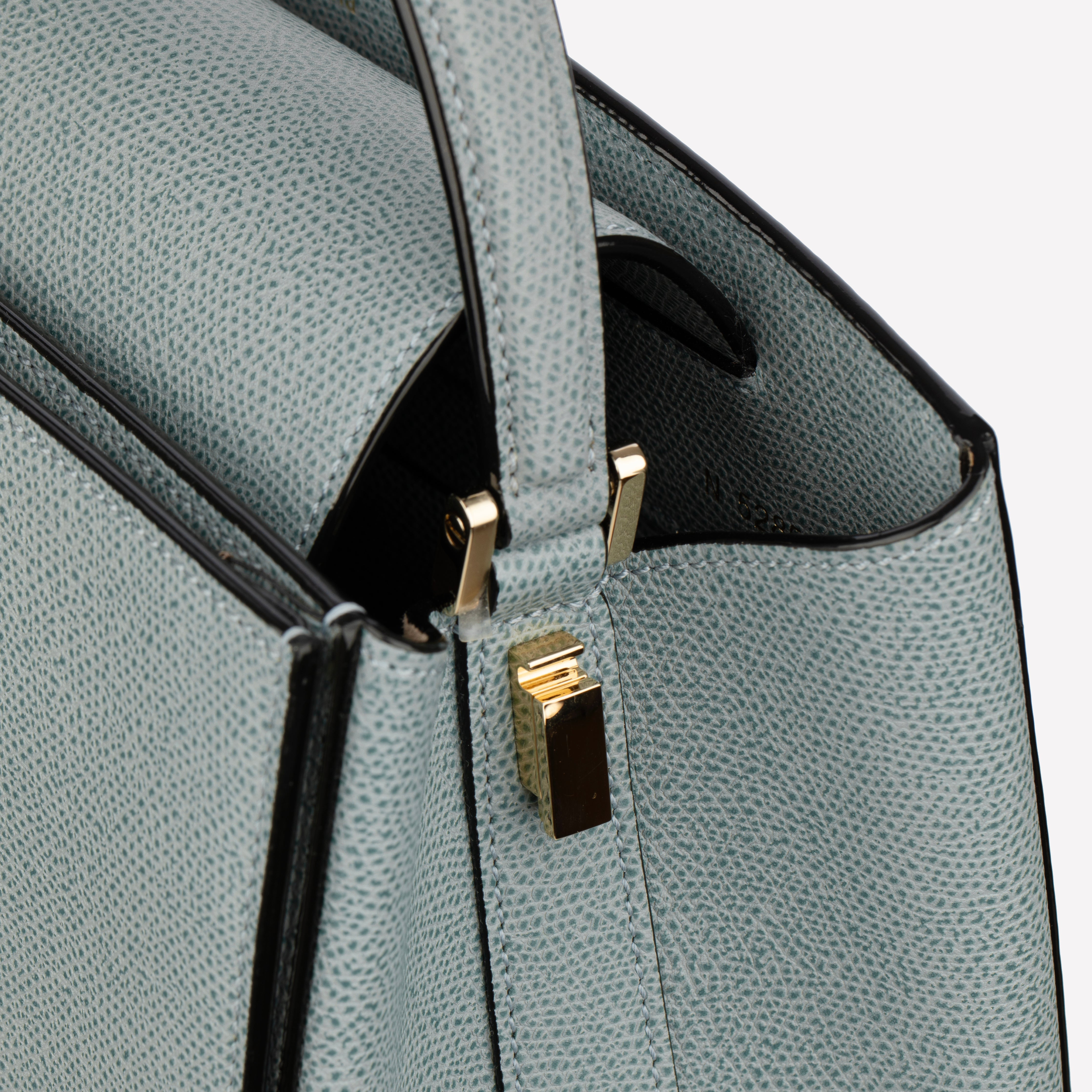 Valextra Brera Smokey Blue Grained Leather Medium Top Handle with Gold Tone Hardware