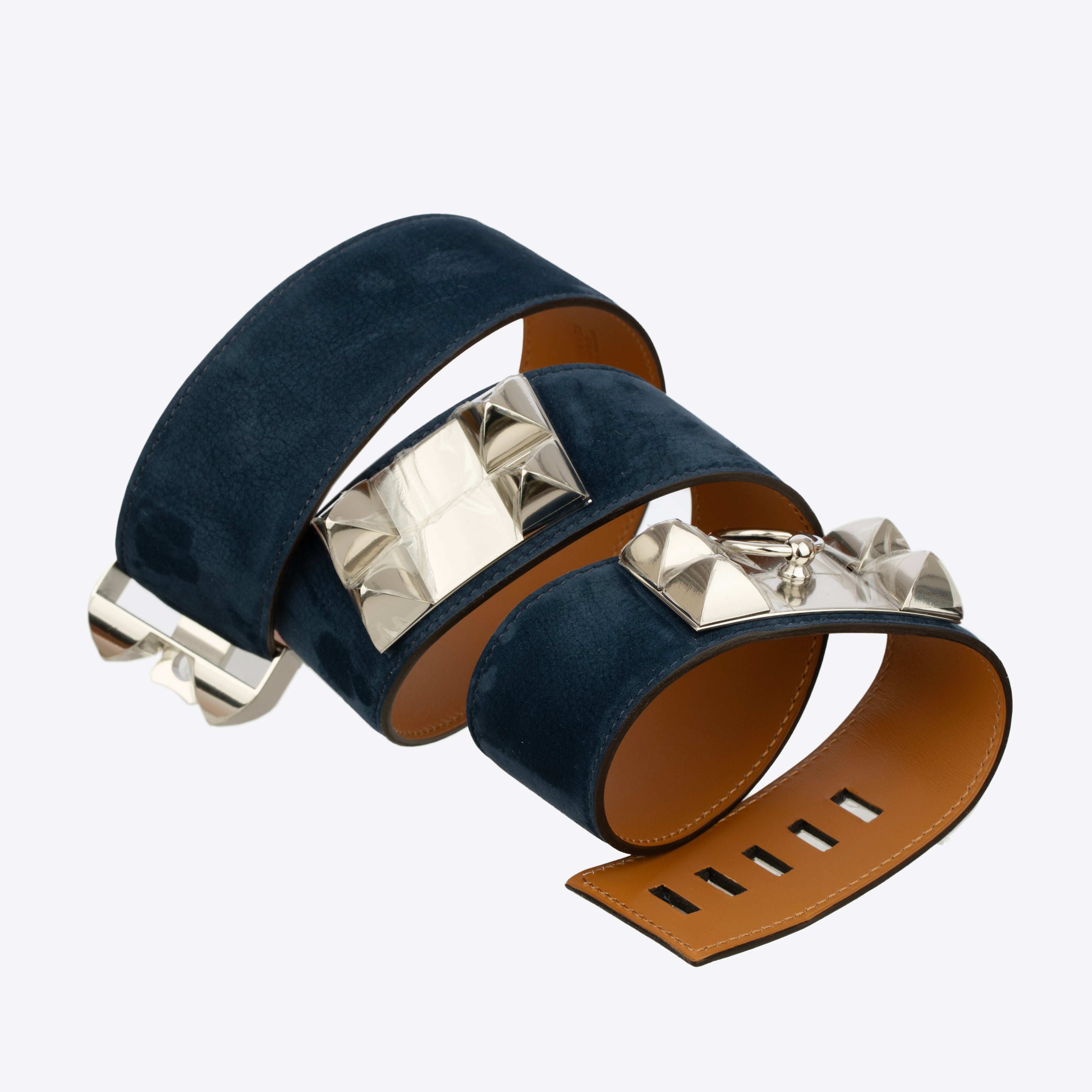 Hermes Collier De Chien Blue Indigo Suede Leather Medor Belt Palladium Hardware