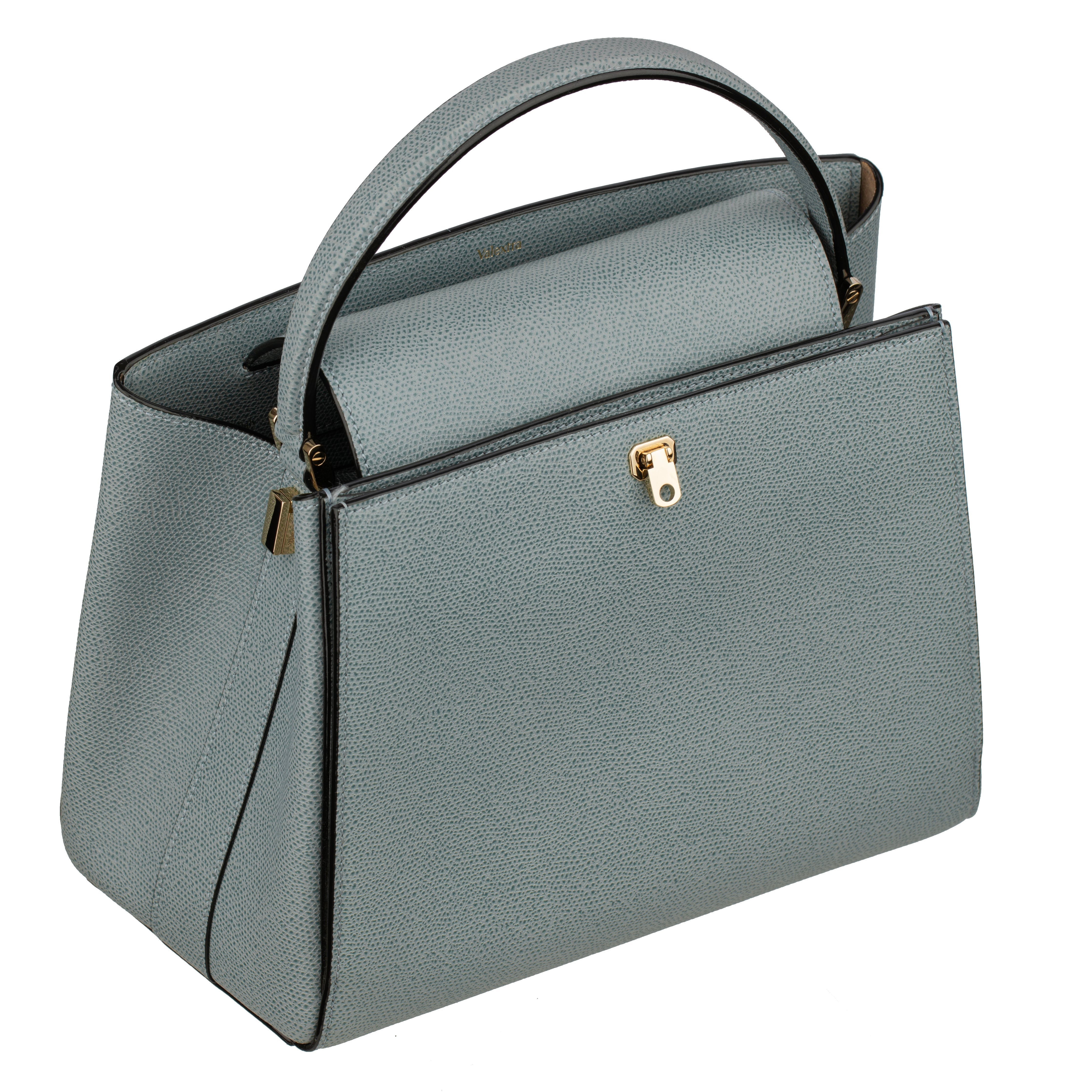 Valextra Brera Smokey Blue Grained Leather Medium Top Handle with Gold Tone Hardware