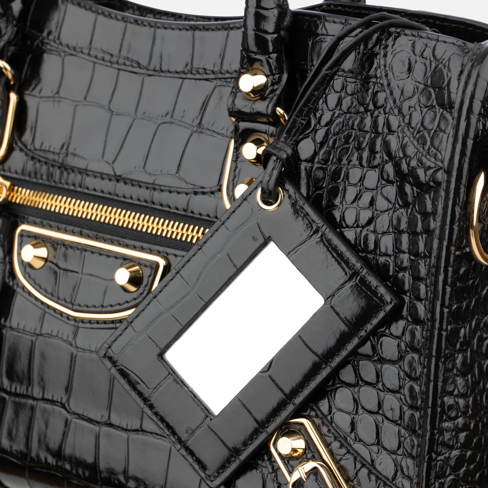 Balenciaga City Classic Black Embossed Crocodile Leather Handbag Gold Tone Hardware