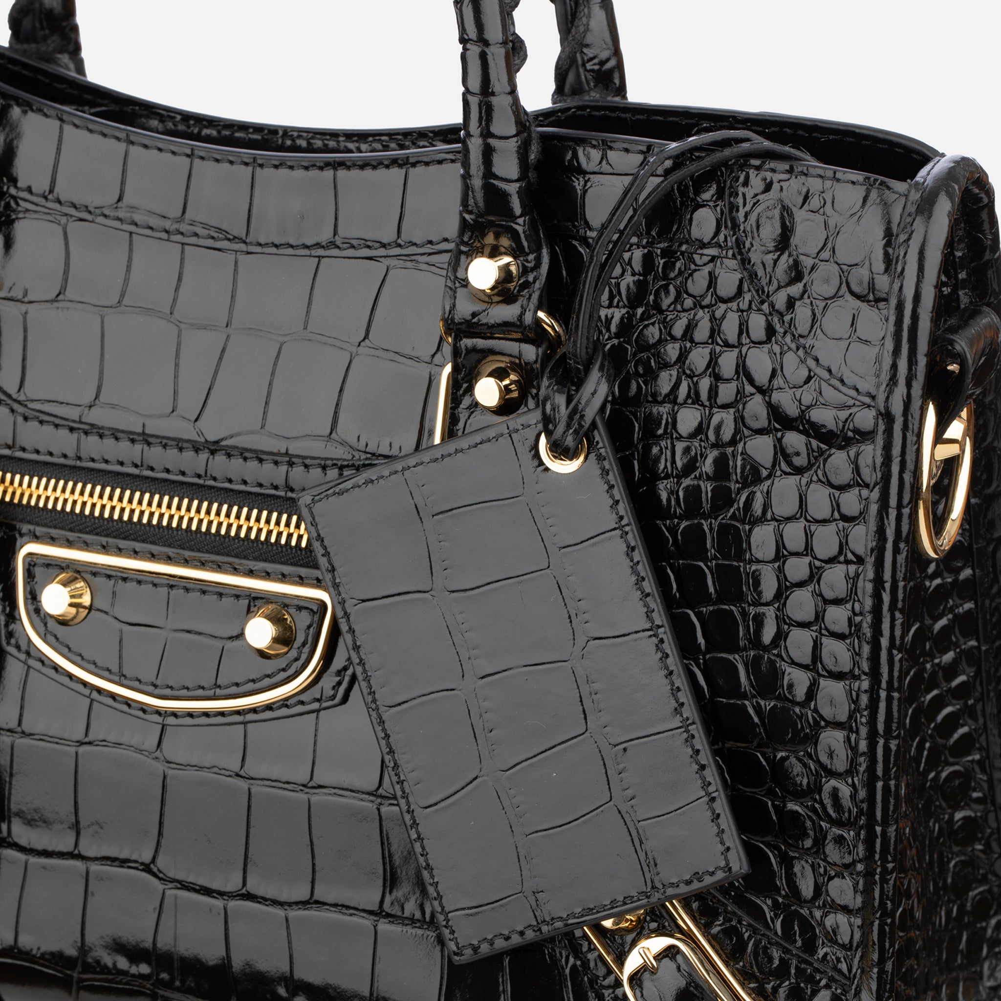 Balenciaga City Classic Black Embossed Crocodile Leather Handbag Gold Tone Hardware