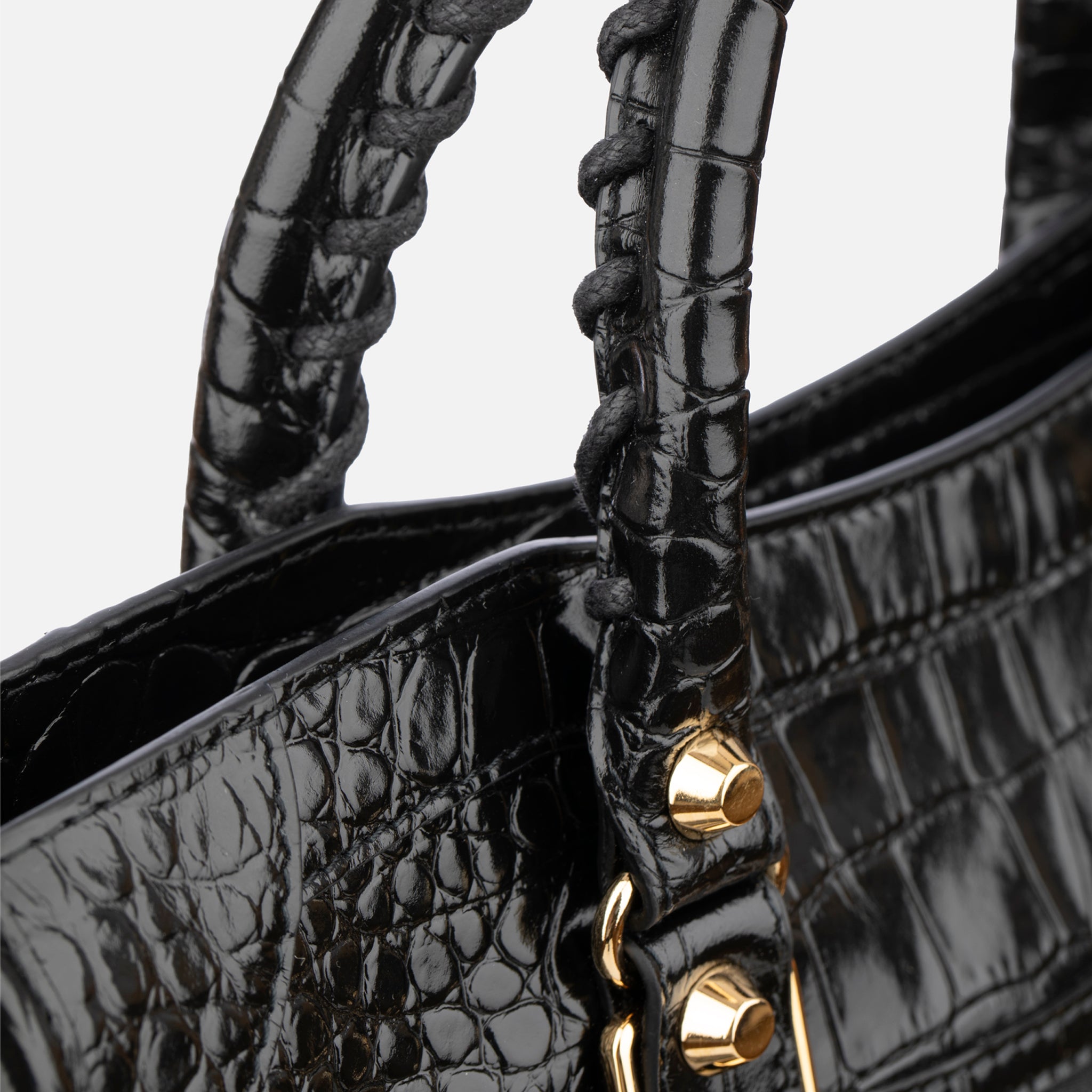 Balenciaga City Classic Black Embossed Crocodile Leather Handbag Gold Tone Hardware