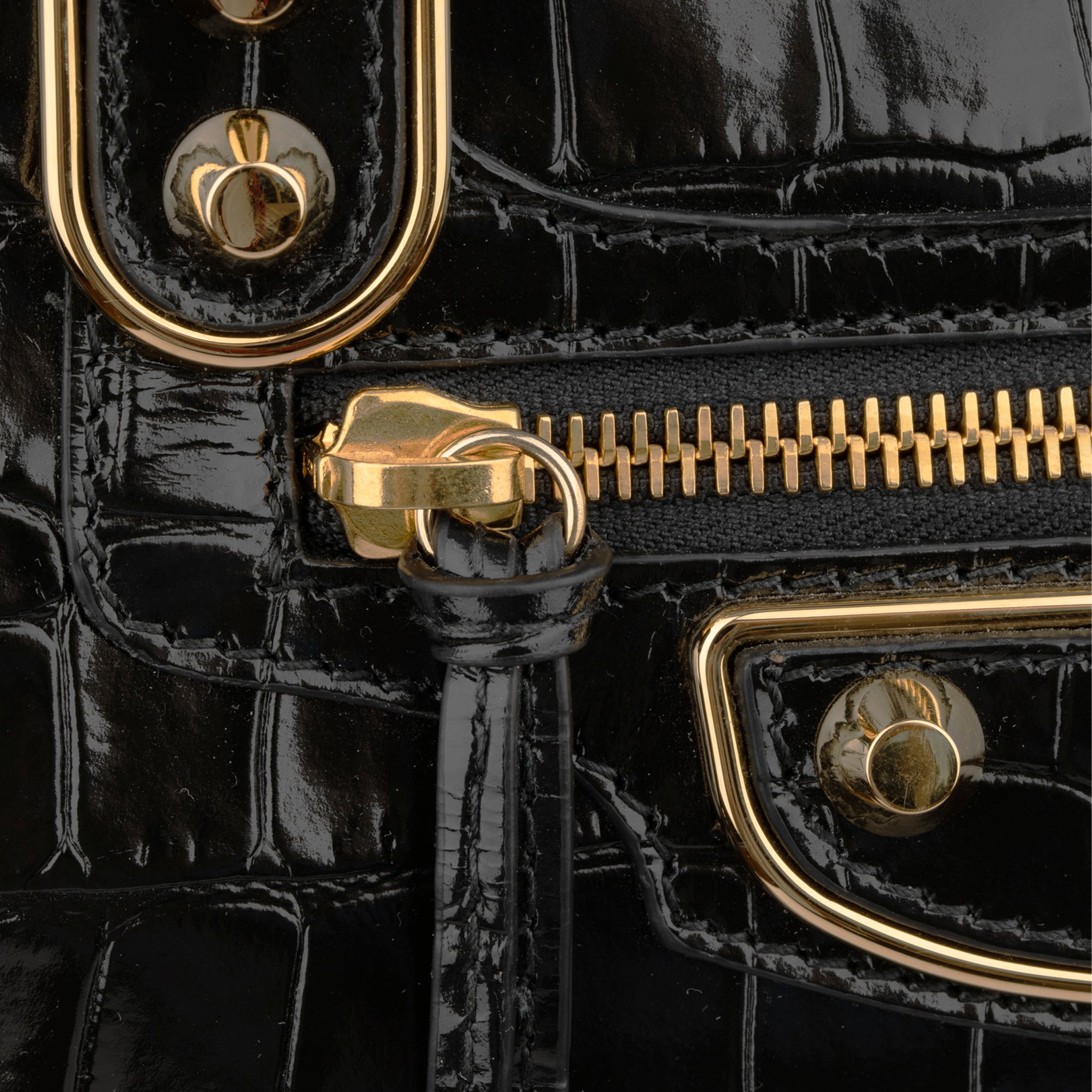 Balenciaga City Classic Black Embossed Crocodile Leather Handbag Gold Tone Hardware