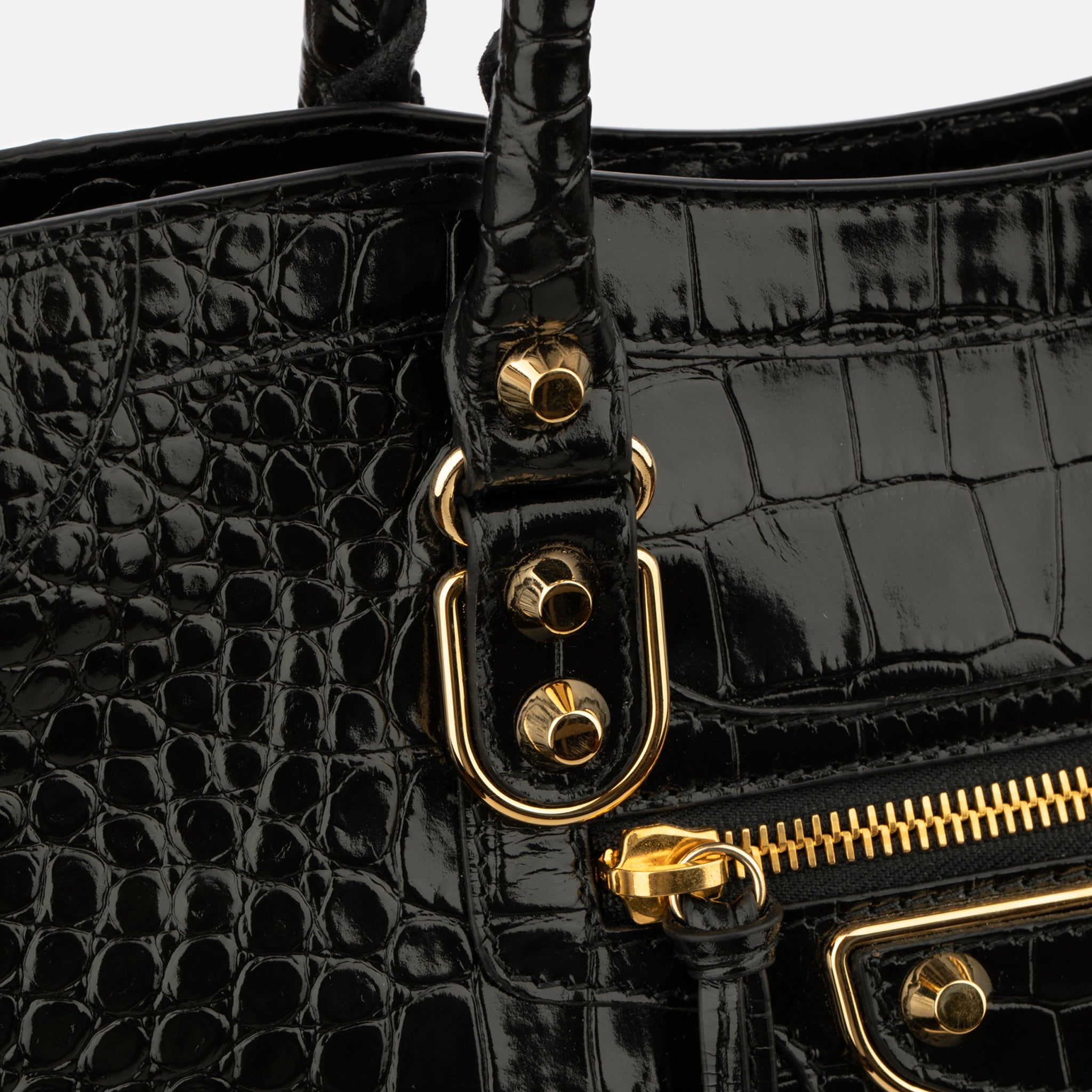 Balenciaga City Classic Black Embossed Crocodile Leather Handbag Gold Tone Hardware