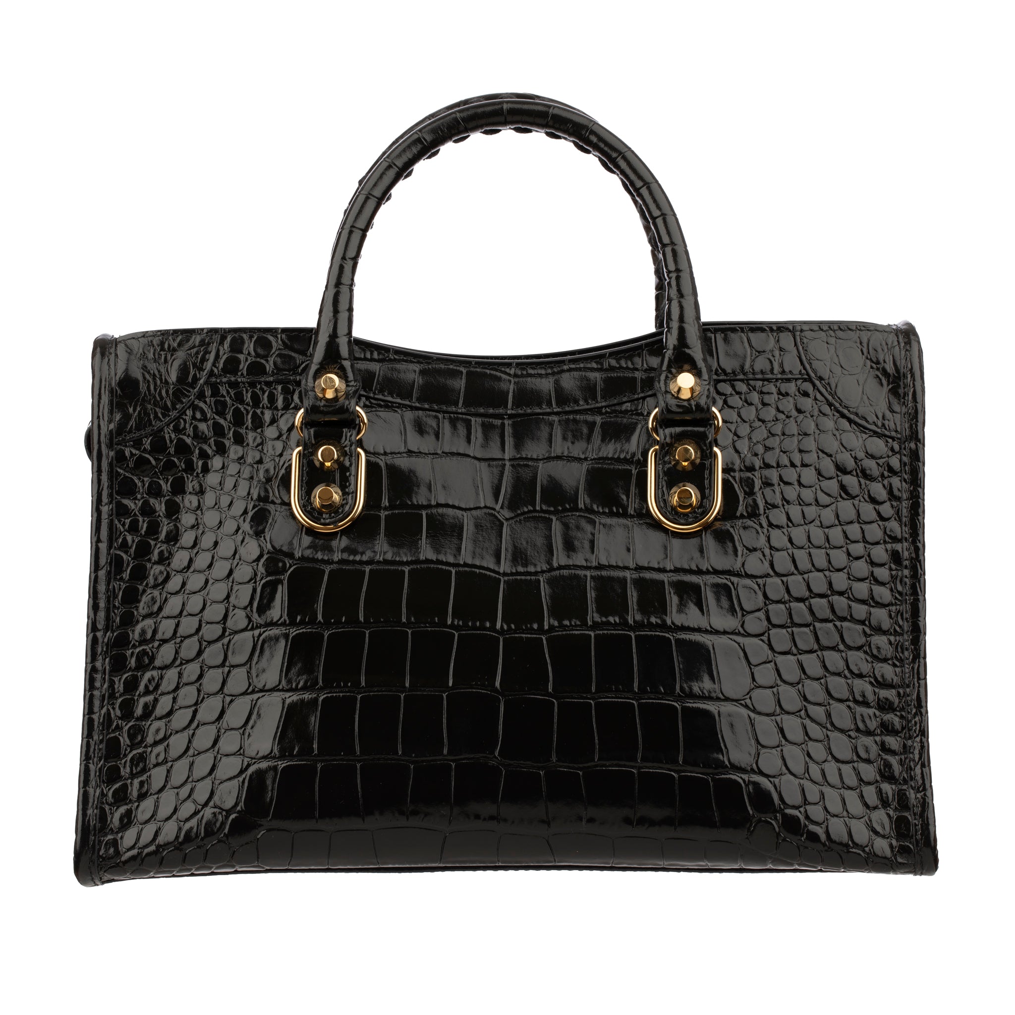 Balenciaga City Classic Black Embossed Crocodile Leather Handbag Gold Tone Hardware