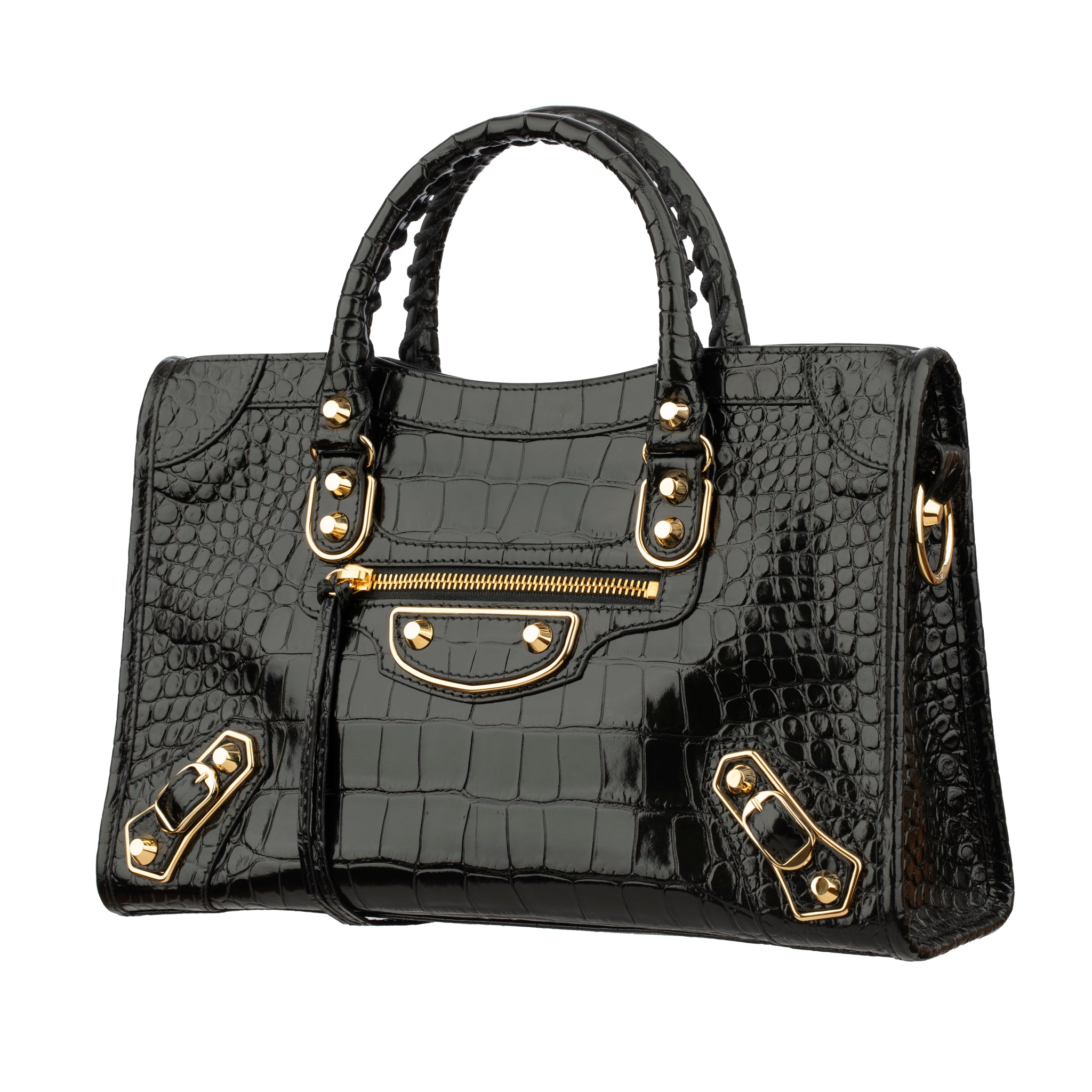 Balenciaga City Classic Black Embossed Crocodile Leather Handbag Gold Tone Hardware