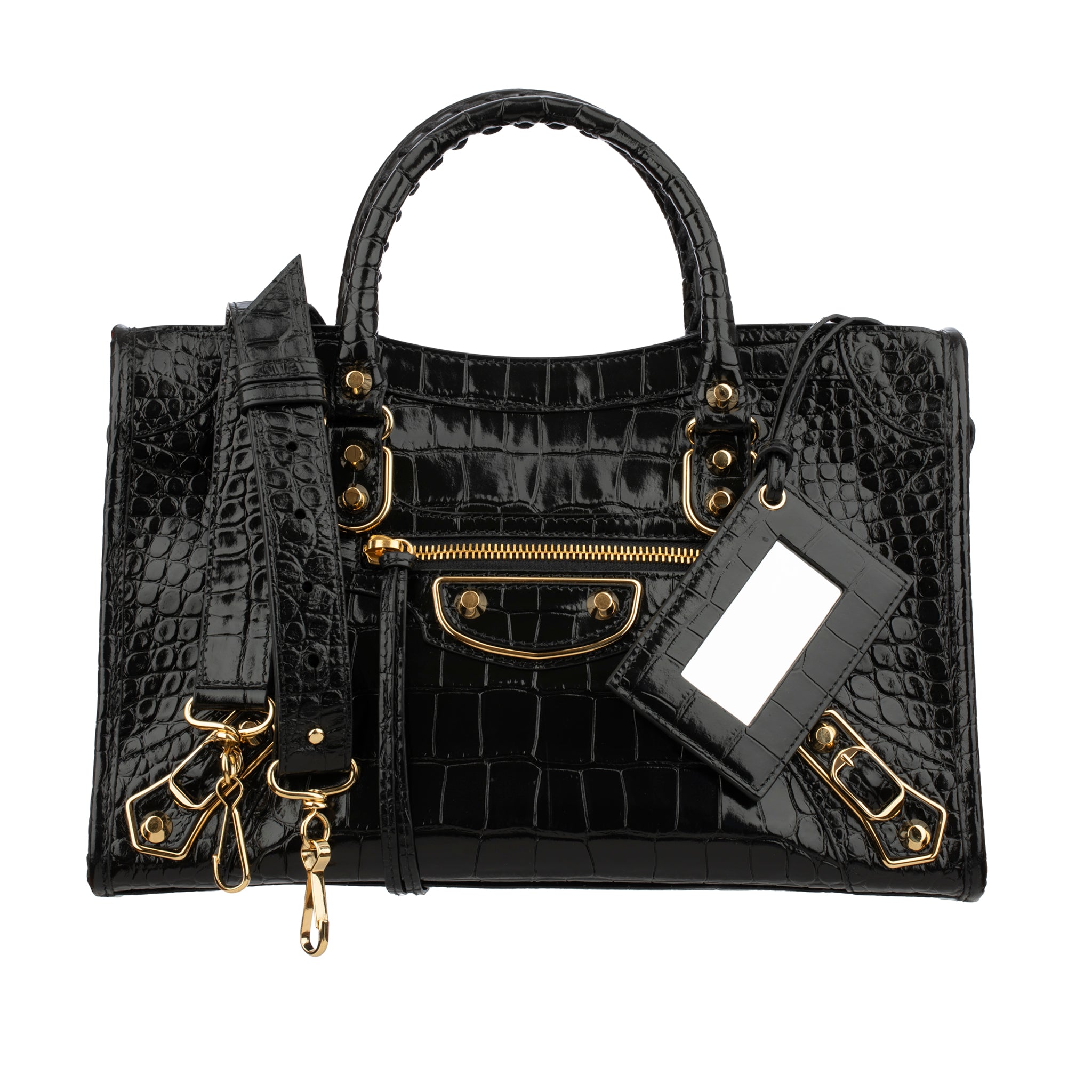Balenciaga City Classic Black Embossed Crocodile Leather Handbag Gold Tone Hardware