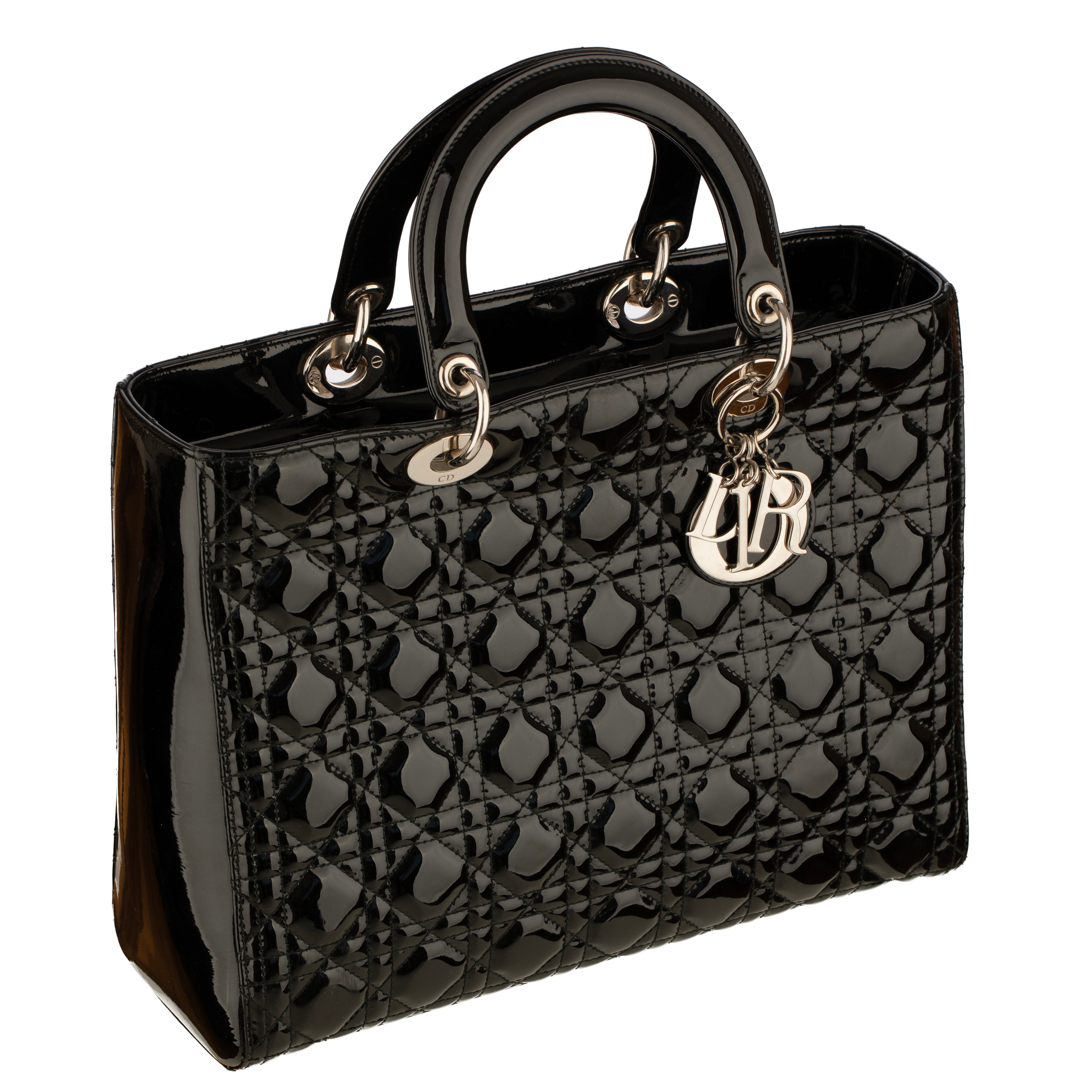 Christian Dior Large Quilted Lady Dior Handbag Black Patent Leather Silver Tone Hardware