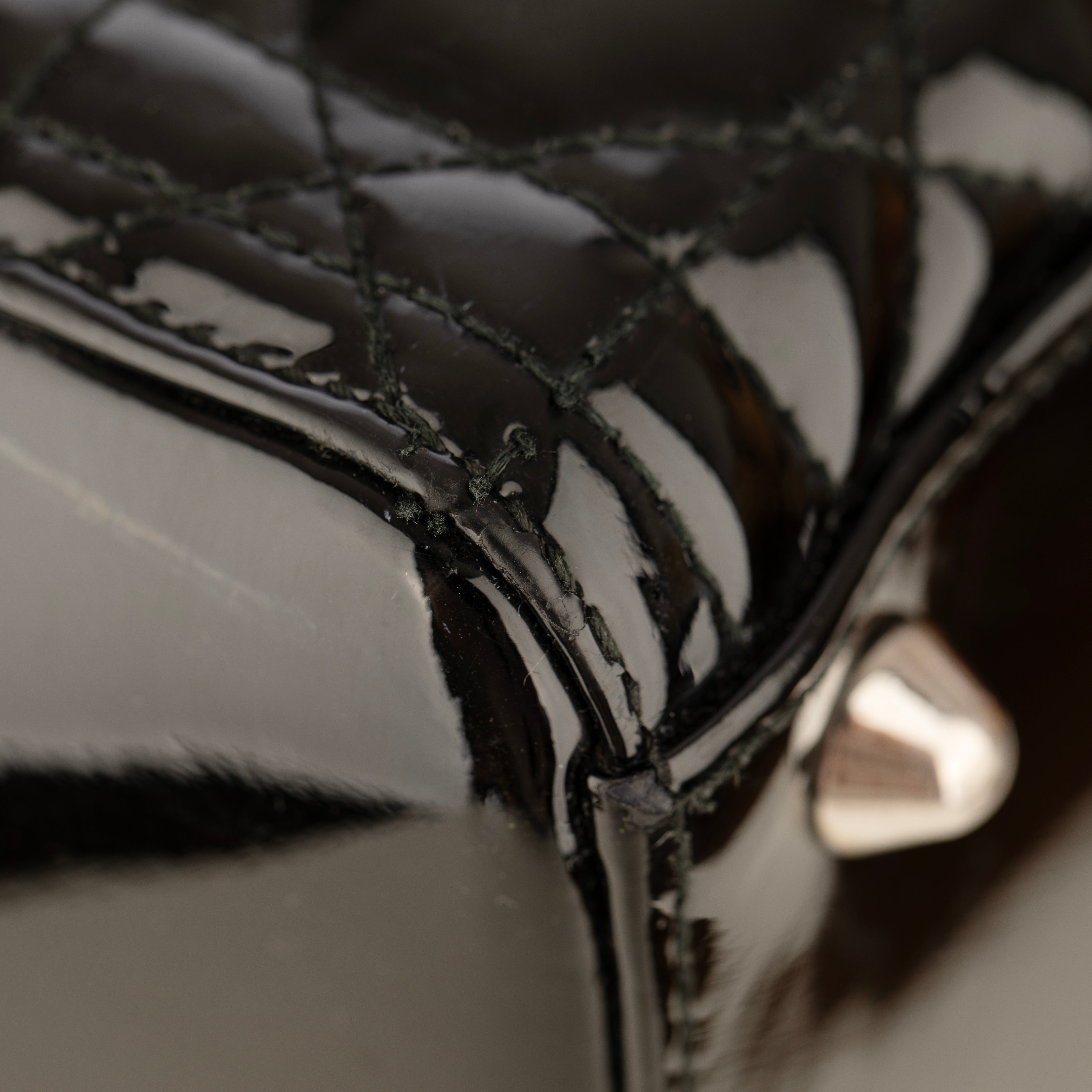 Christian Dior Large Quilted Lady Dior Handbag Black Patent Leather Silver Tone Hardware