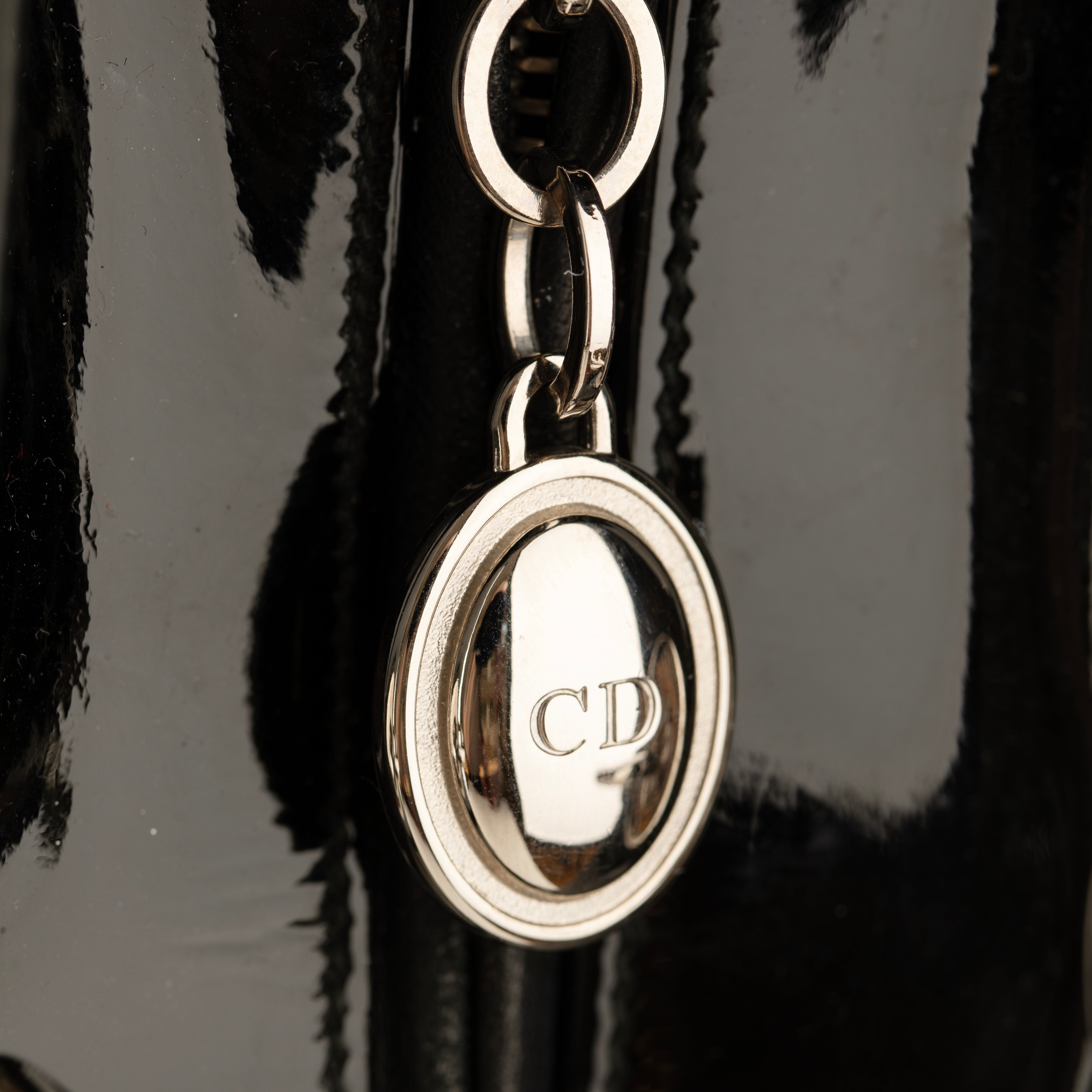 Christian Dior Large Quilted Lady Dior Handbag Black Patent Leather Silver Tone Hardware