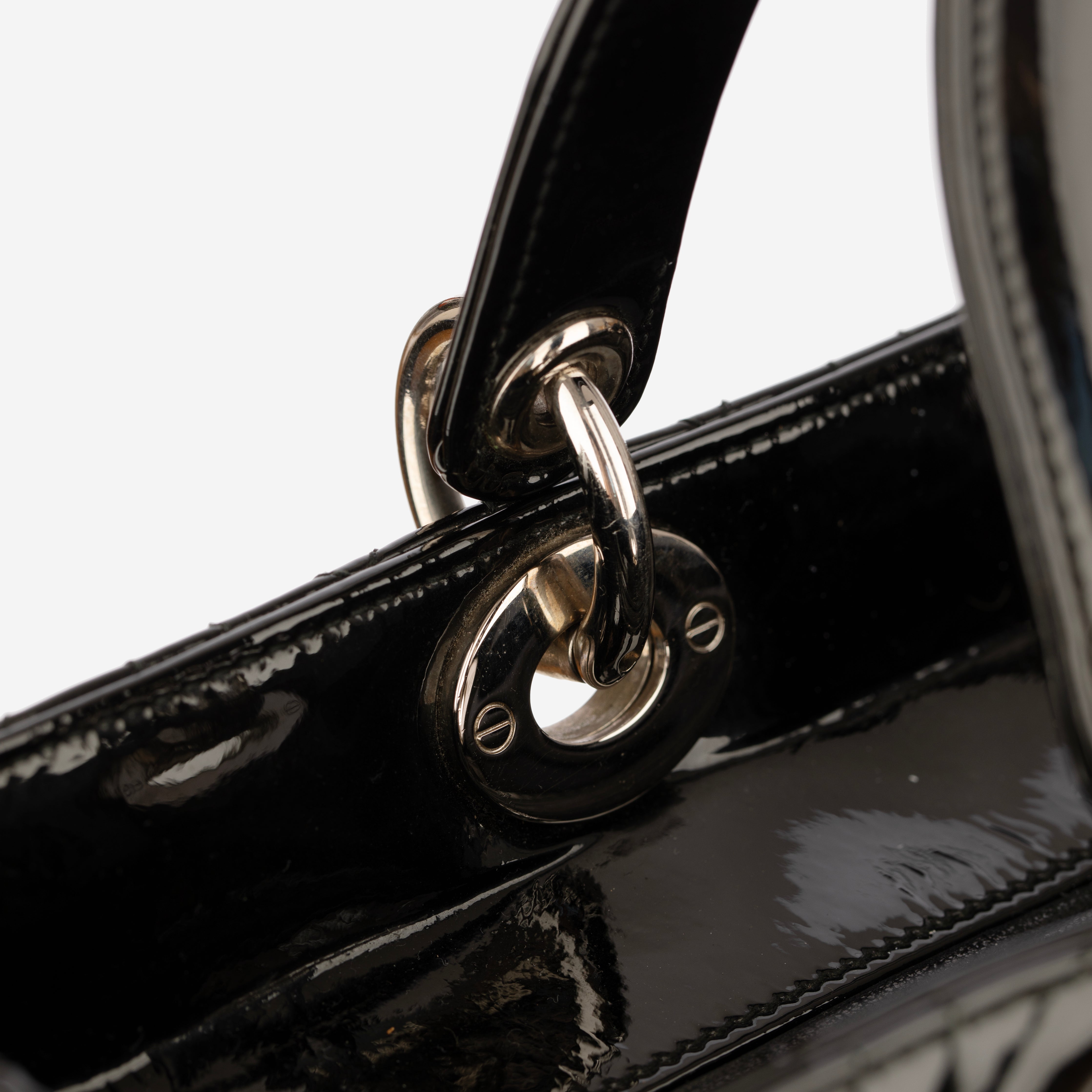 Christian Dior Large Quilted Lady Dior Handbag Black Patent Leather Silver Tone Hardware