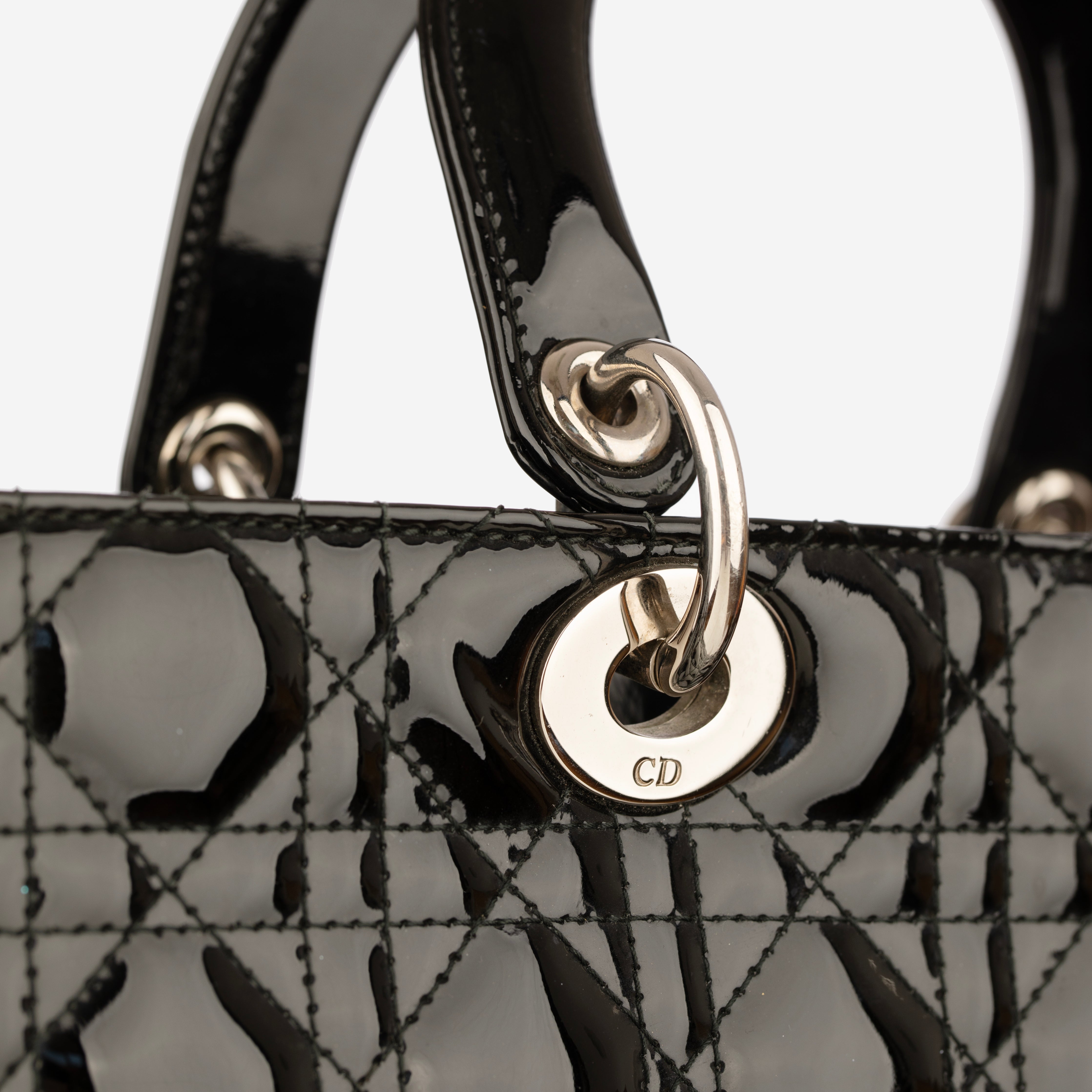 Christian Dior Large Quilted Lady Dior Handbag Black Patent Leather Silver Tone Hardware