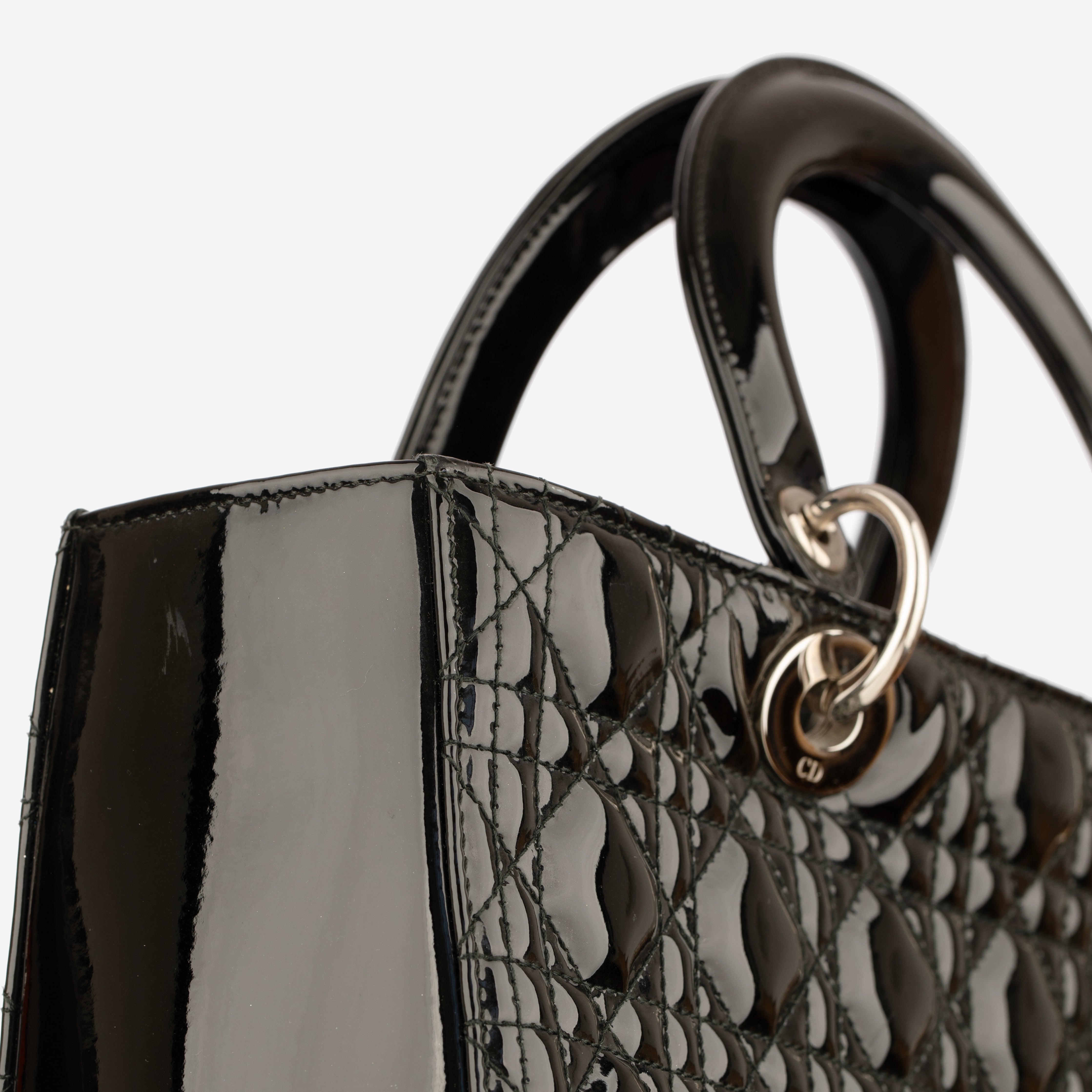 Christian Dior Large Quilted Lady Dior Handbag Black Patent Leather Silver Tone Hardware