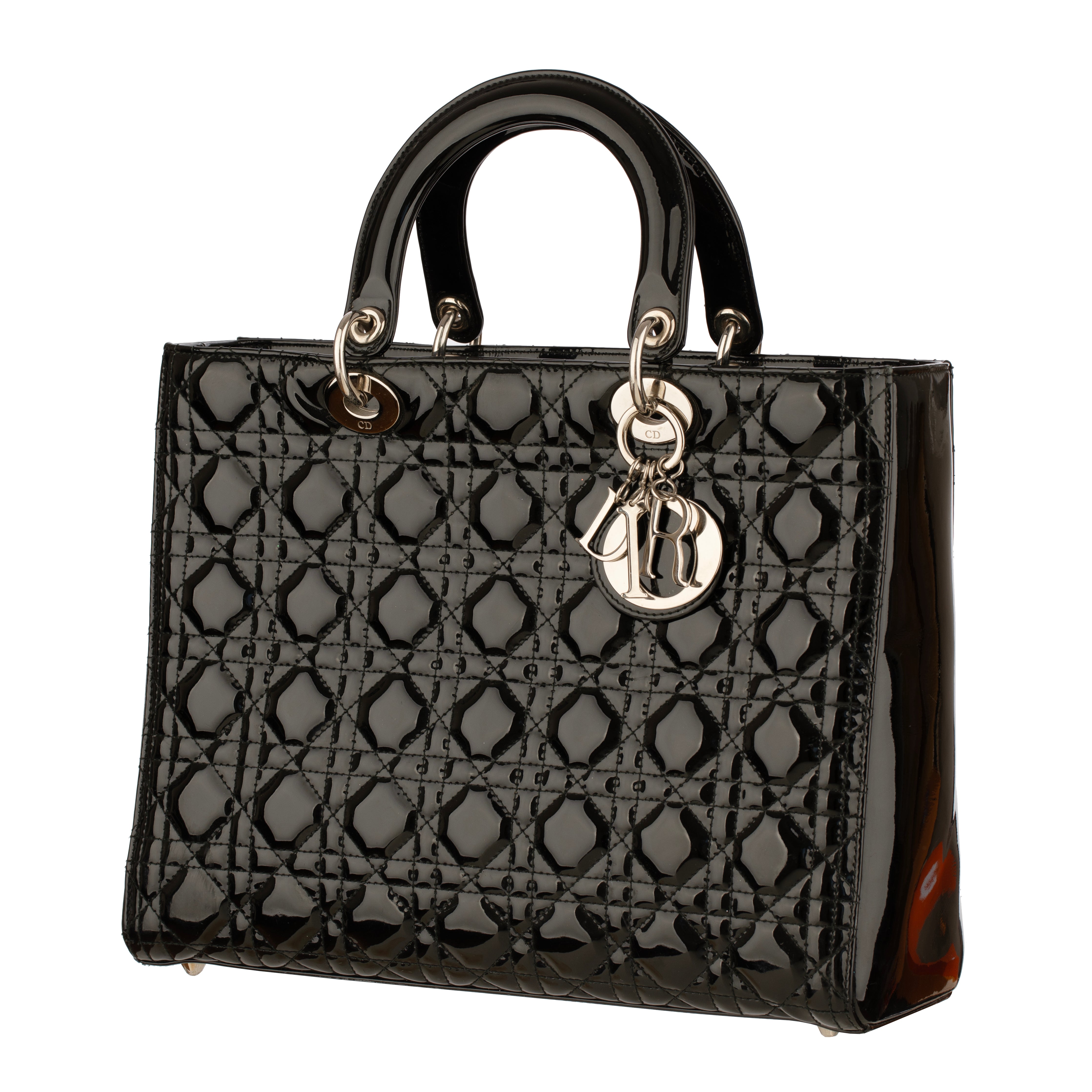 Christian Dior Large Quilted Lady Dior Handbag Black Patent Leather Silver Tone Hardware