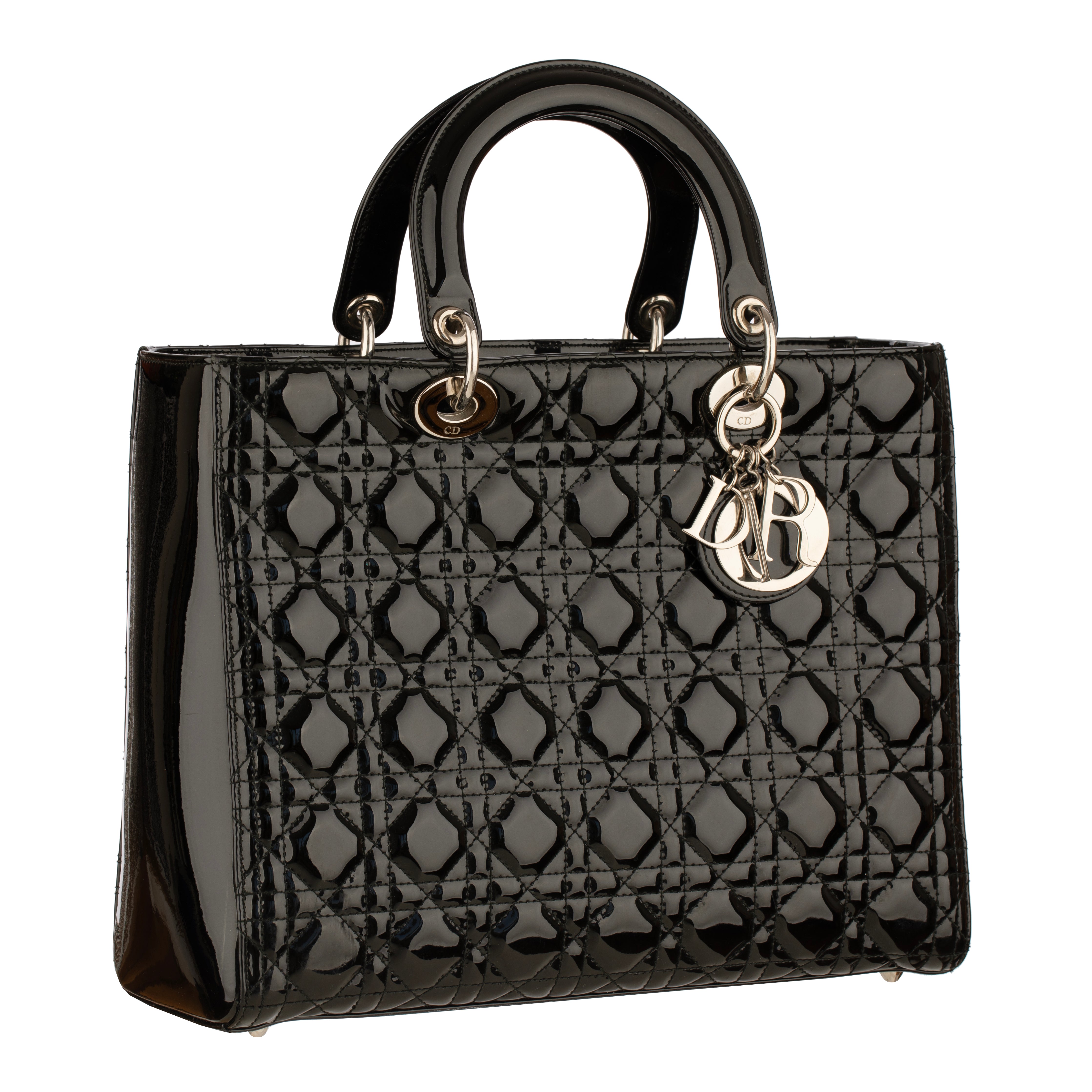 Christian Dior Large Quilted Lady Dior Handbag Black Patent Leather Silver Tone Hardware