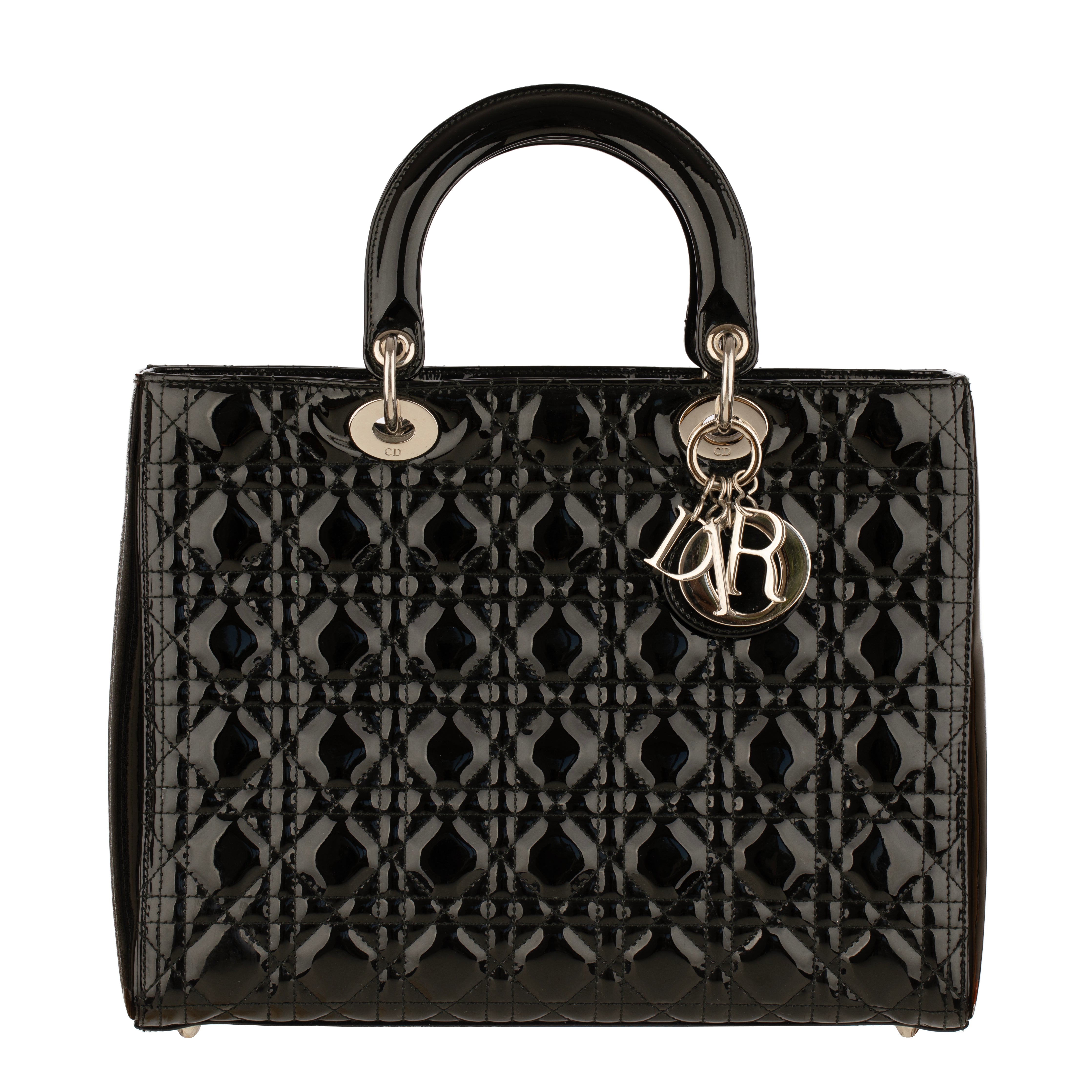 Christian Dior Large Quilted Lady Dior Handbag Black Patent Leather Silver Tone Hardware