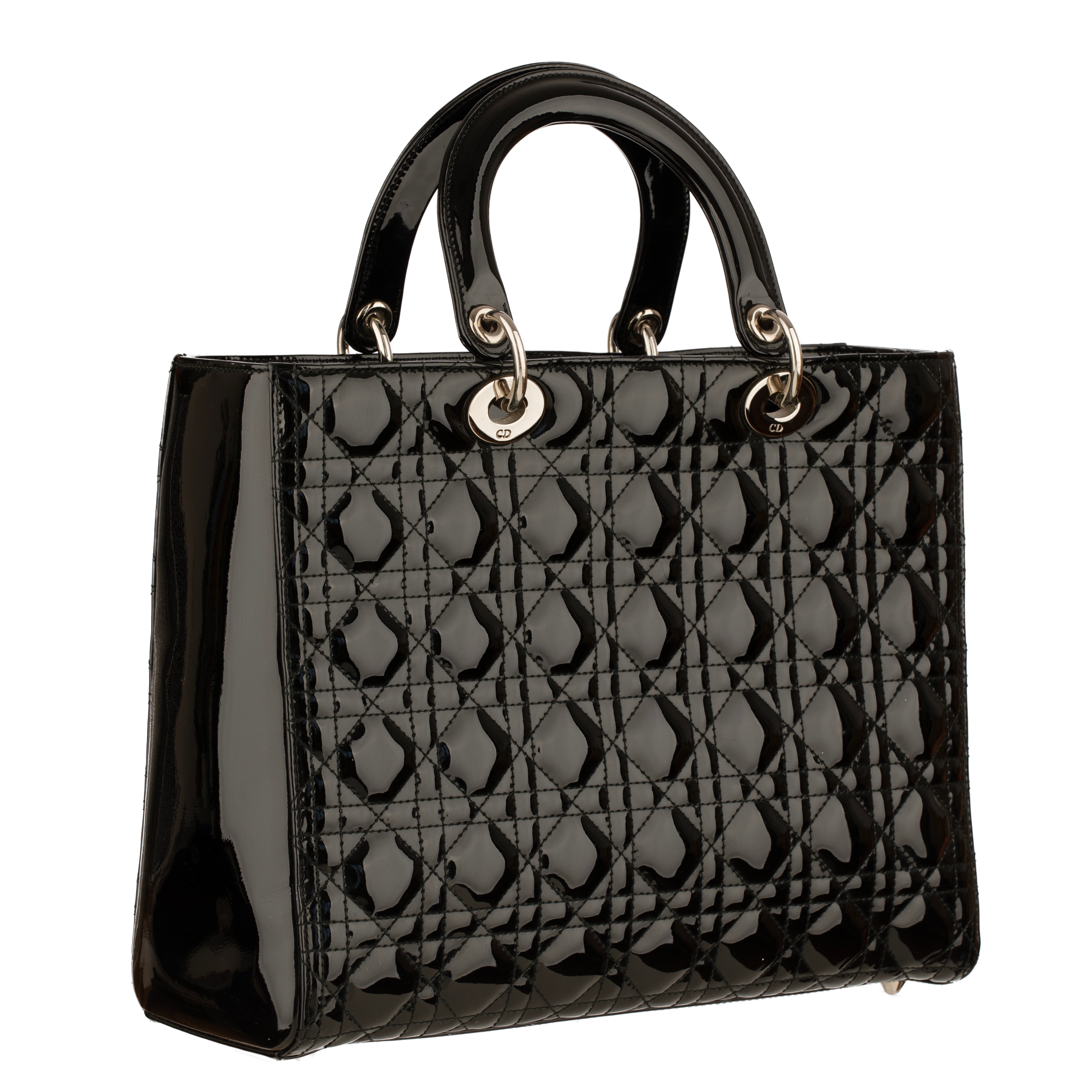 Christian Dior Large Quilted Lady Dior Handbag Black Patent Leather Silver Tone Hardware