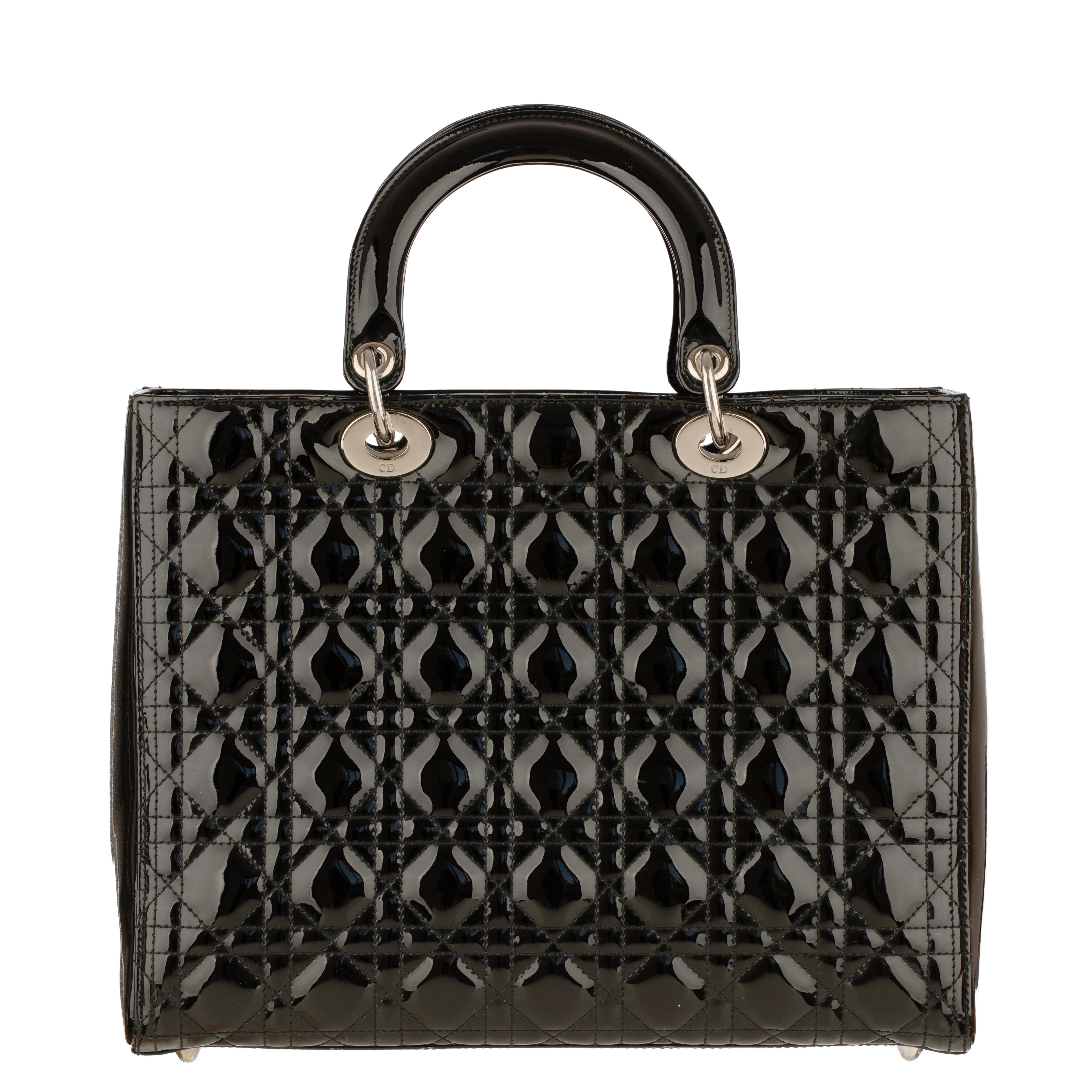 Christian Dior Large Quilted Lady Dior Handbag Black Patent Leather Silver Tone Hardware