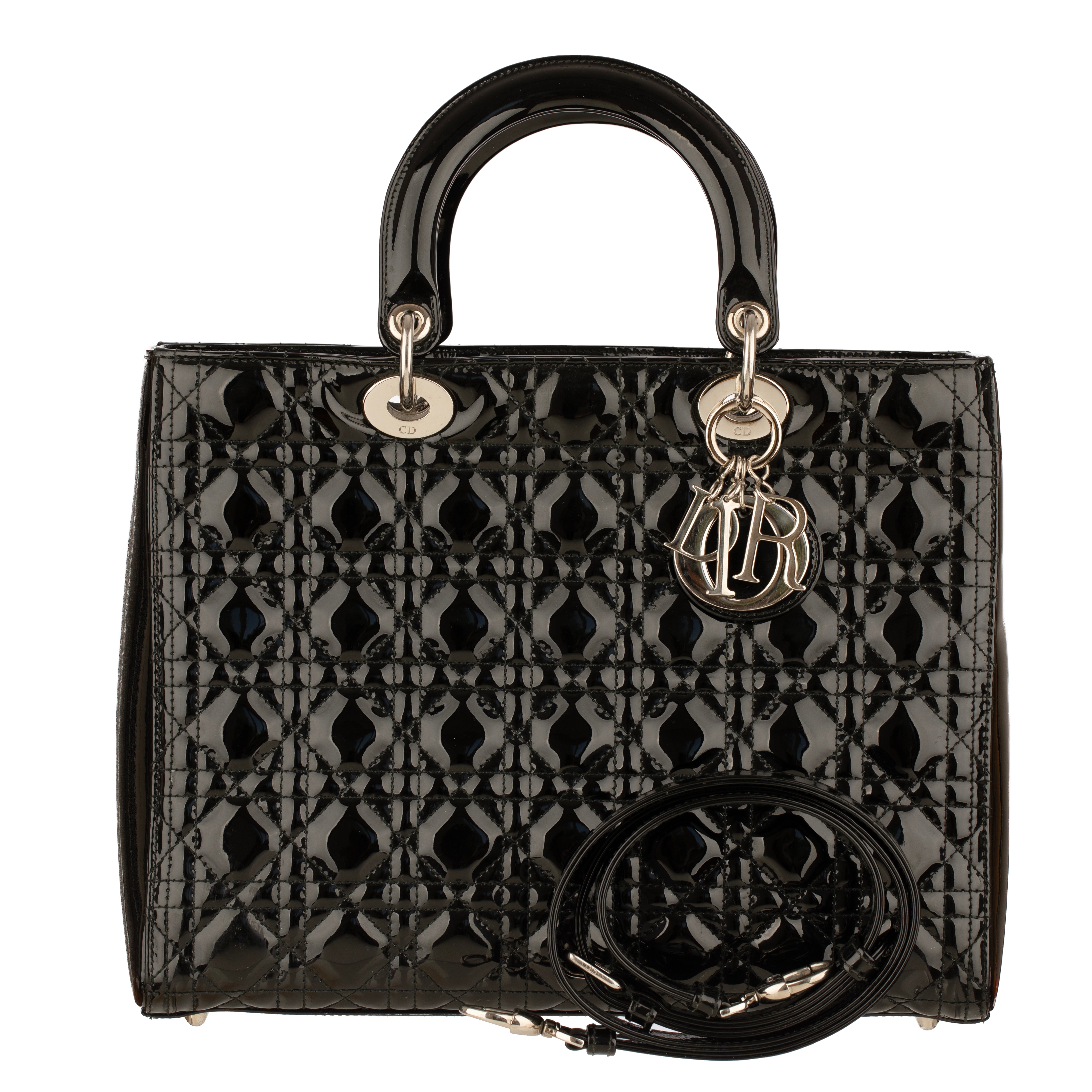 Christian Dior Large Quilted Lady Dior Handbag Black Patent Leather Silver Tone Hardware