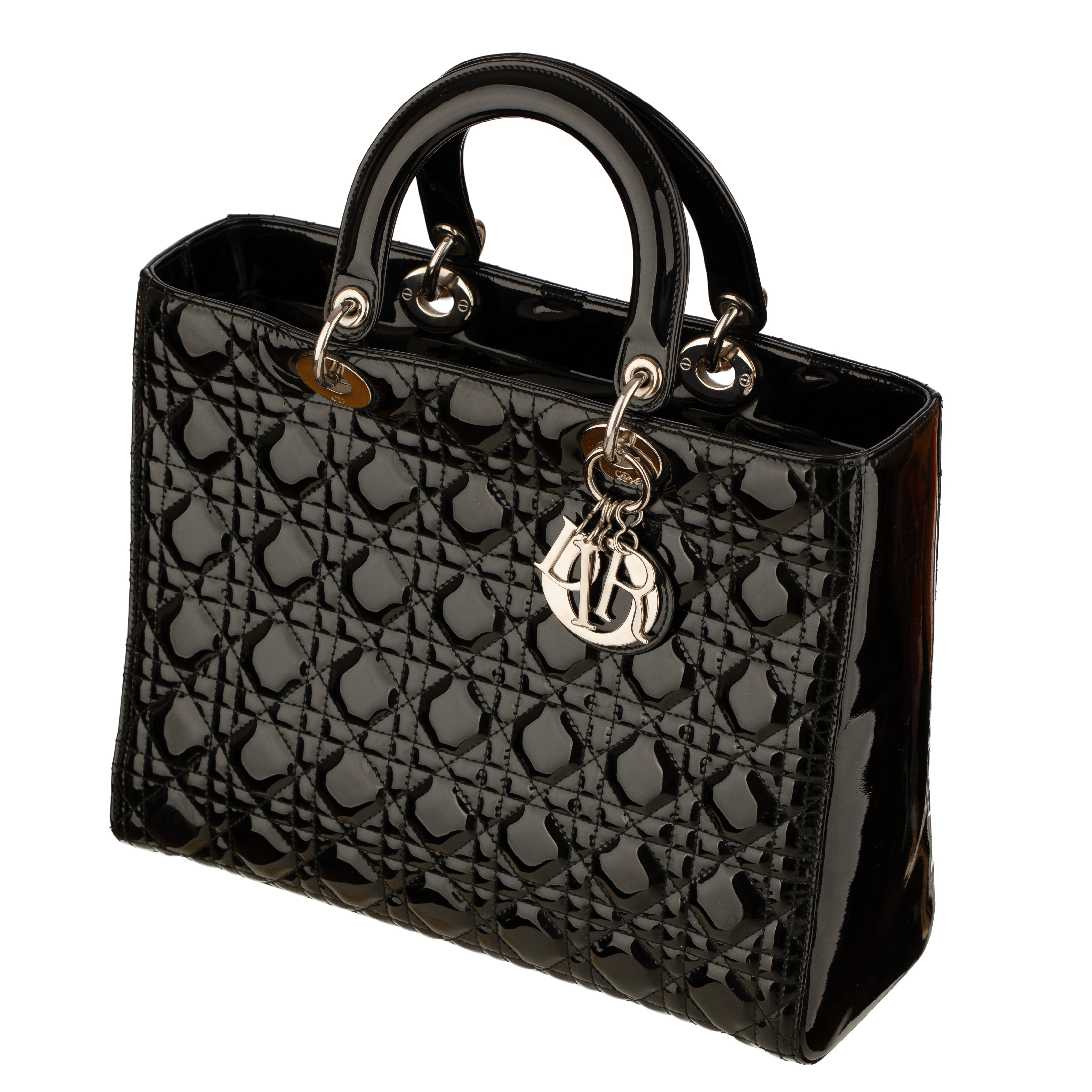 Christian Dior Large Quilted Lady Dior Handbag Black Patent Leather Silver Tone Hardware