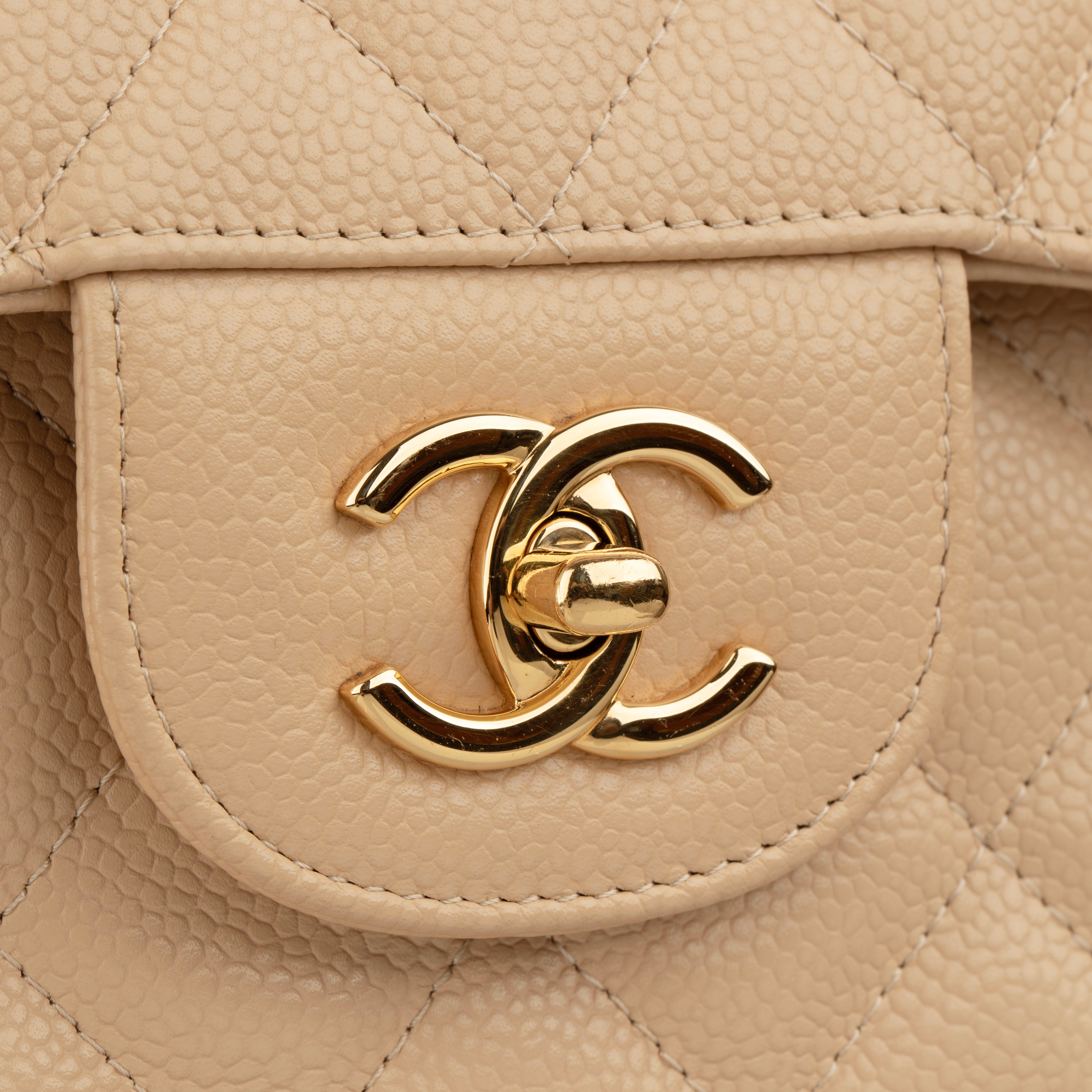 Chanel Classic Jumbo Double Flap Beige Quilted Caviar Leather Gold-Tone Hardware