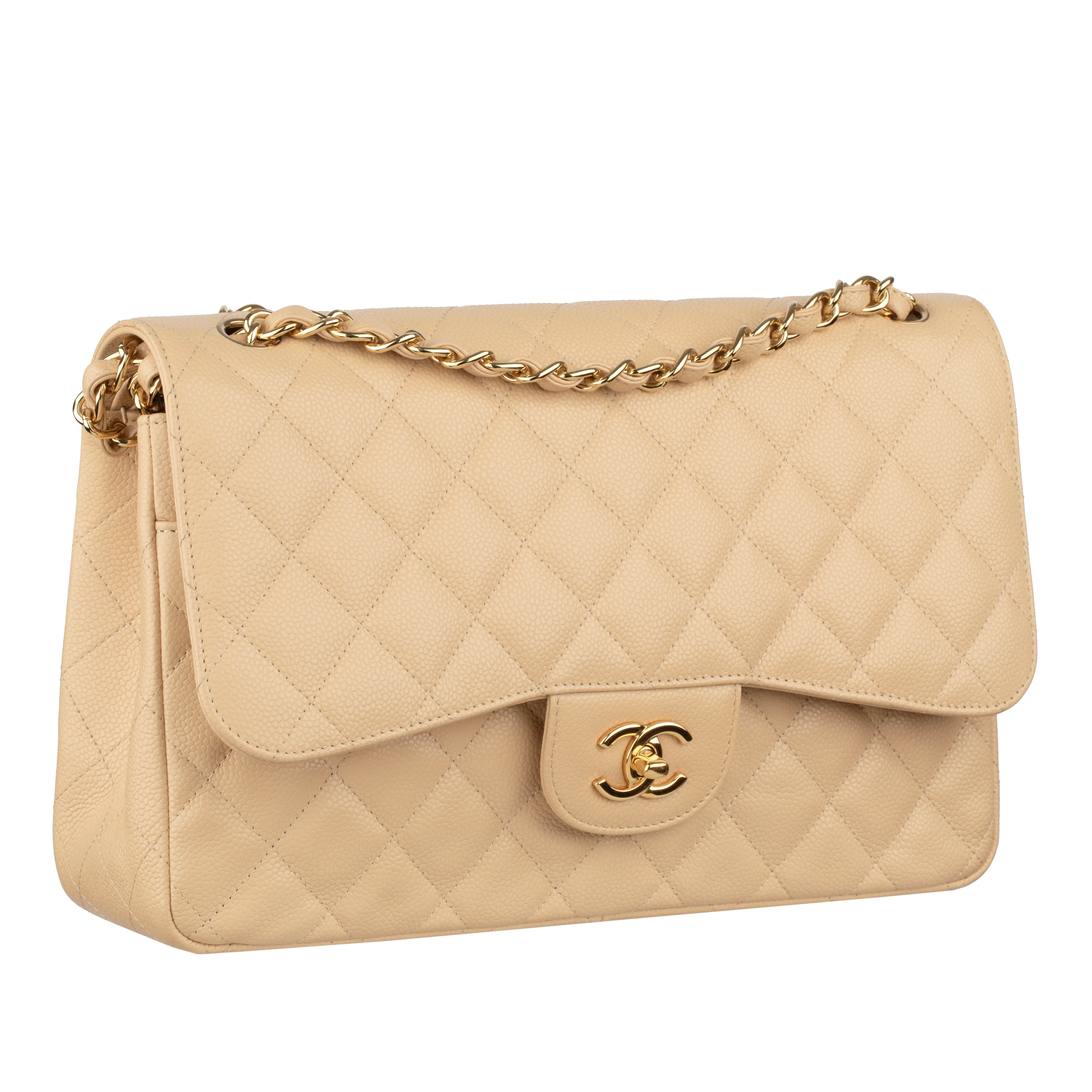 Chanel Classic Jumbo Double Flap Beige Quilted Caviar Leather Gold-Tone Hardware