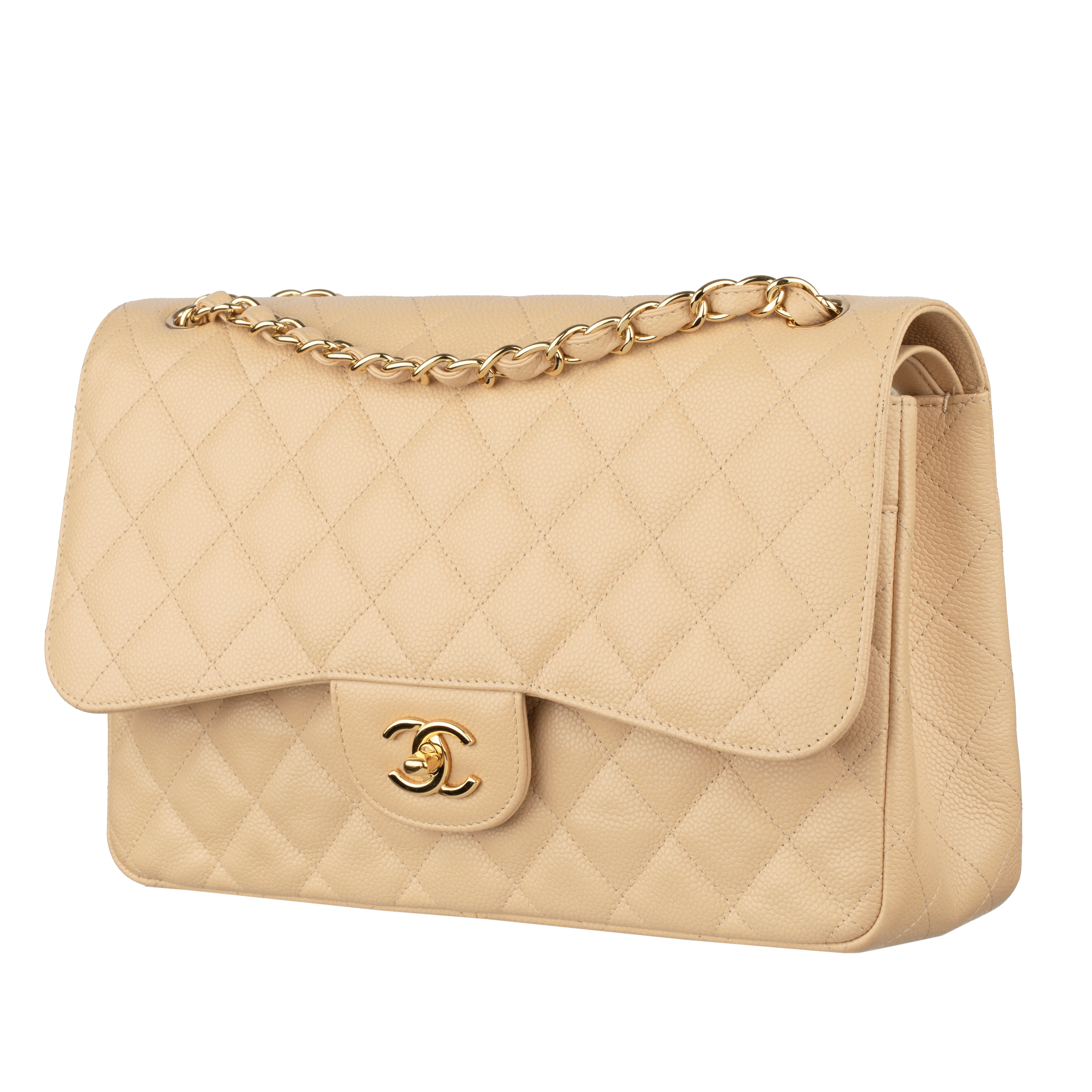 Chanel Classic Jumbo Double Flap Beige Quilted Caviar Leather Gold-Tone Hardware