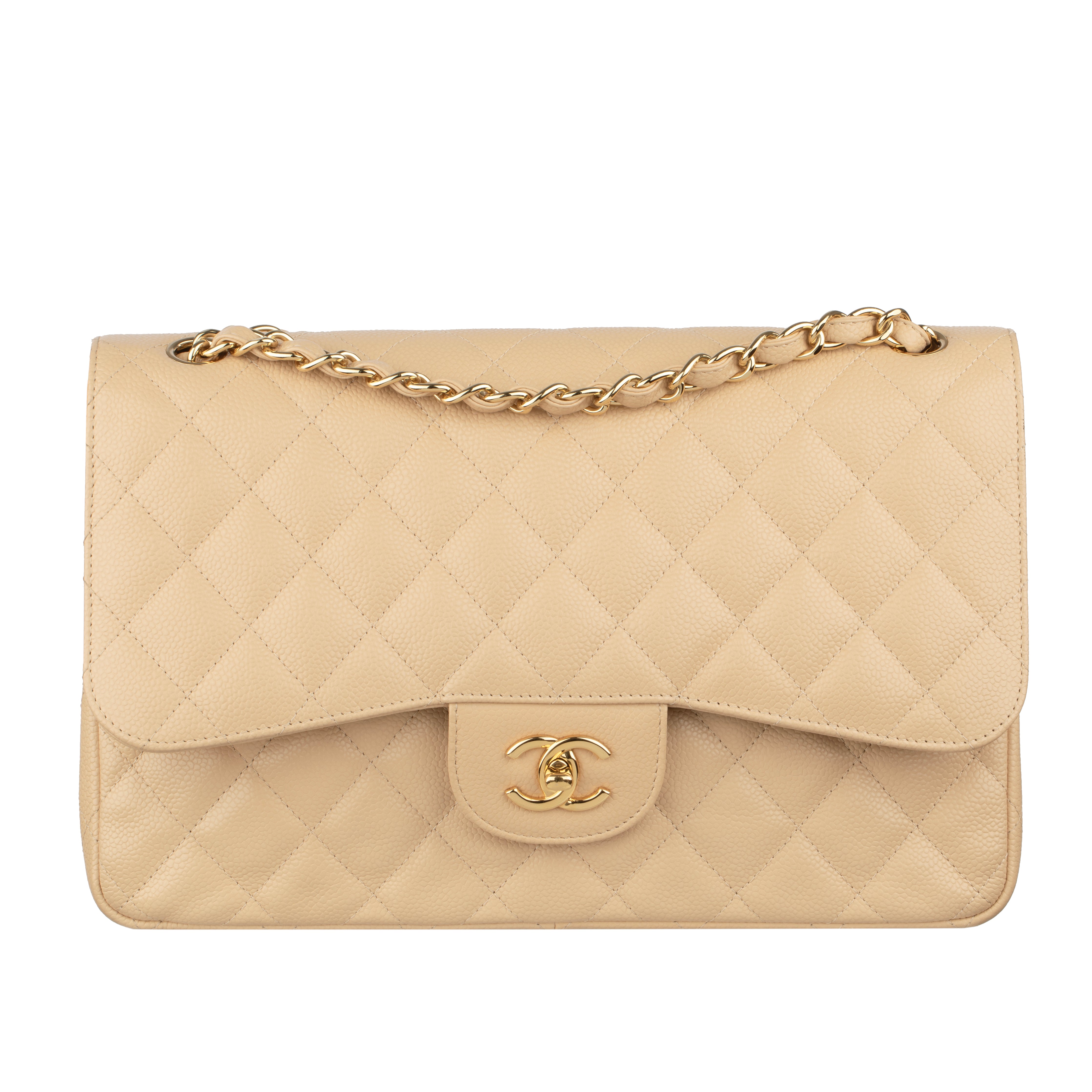 Chanel Classic Jumbo Double Flap Beige Quilted Caviar Leather Gold-Tone Hardware