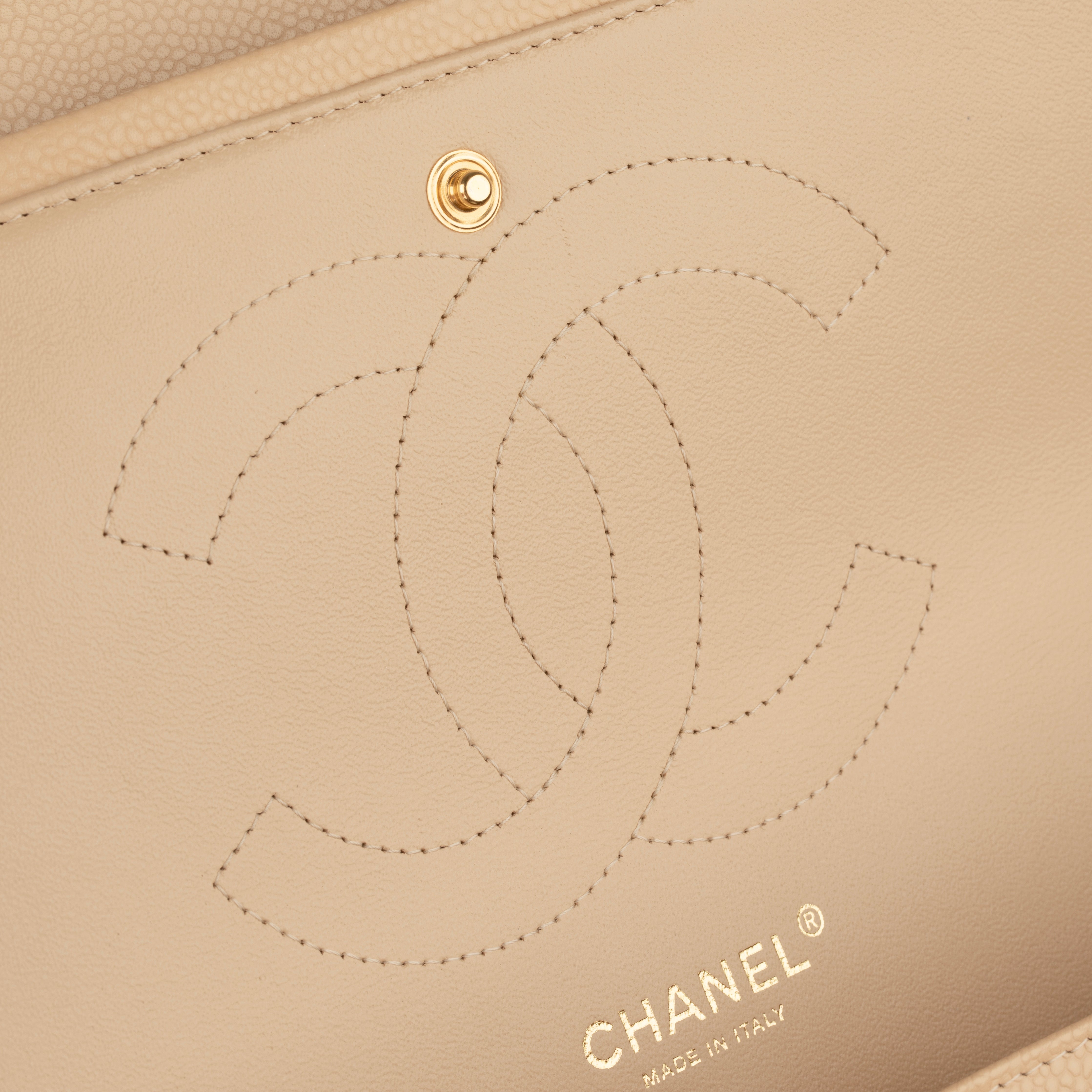 Chanel Classic Jumbo Double Flap Beige Quilted Caviar Leather Gold-Tone Hardware