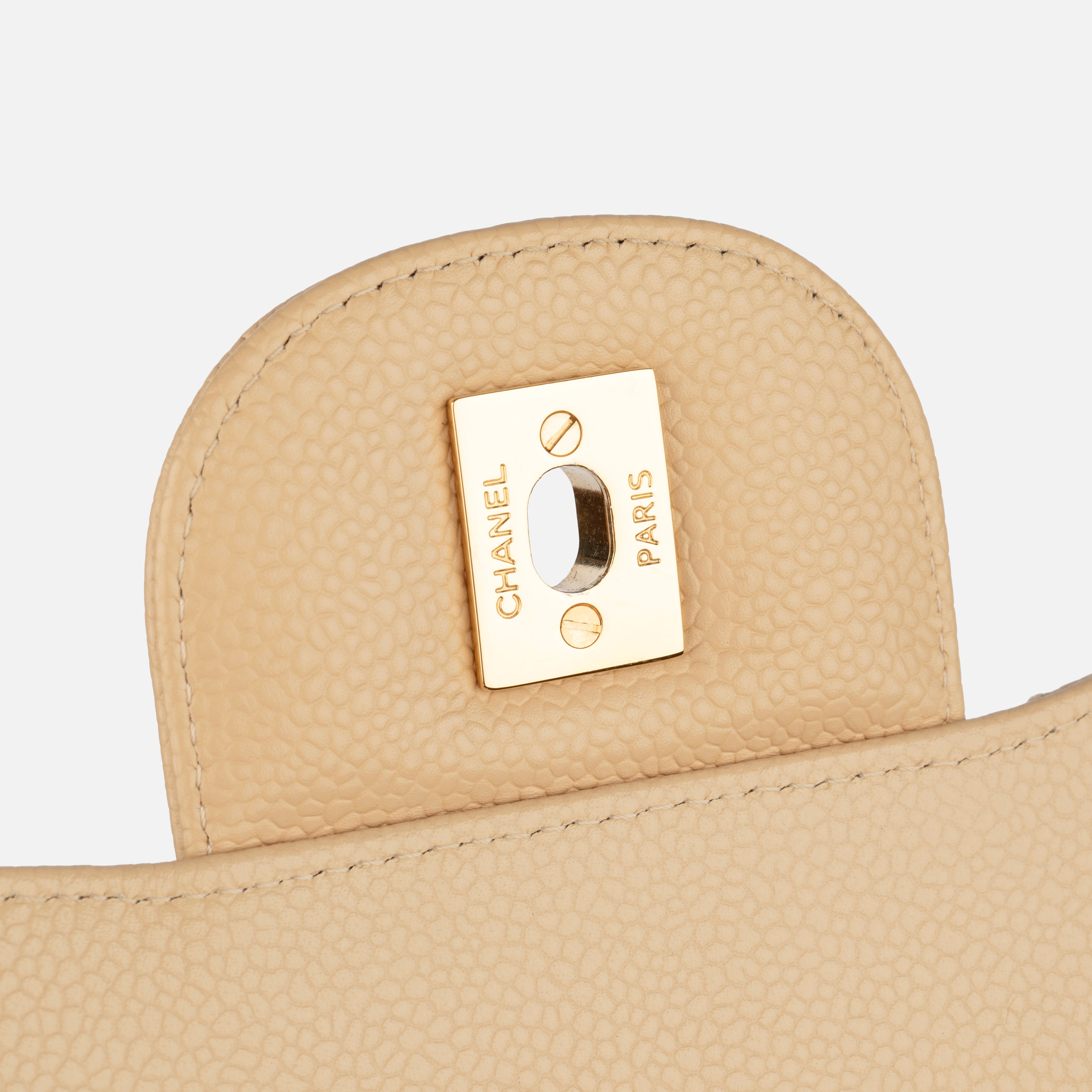 Chanel Classic Jumbo Double Flap Beige Quilted Caviar Leather Gold-Tone Hardware