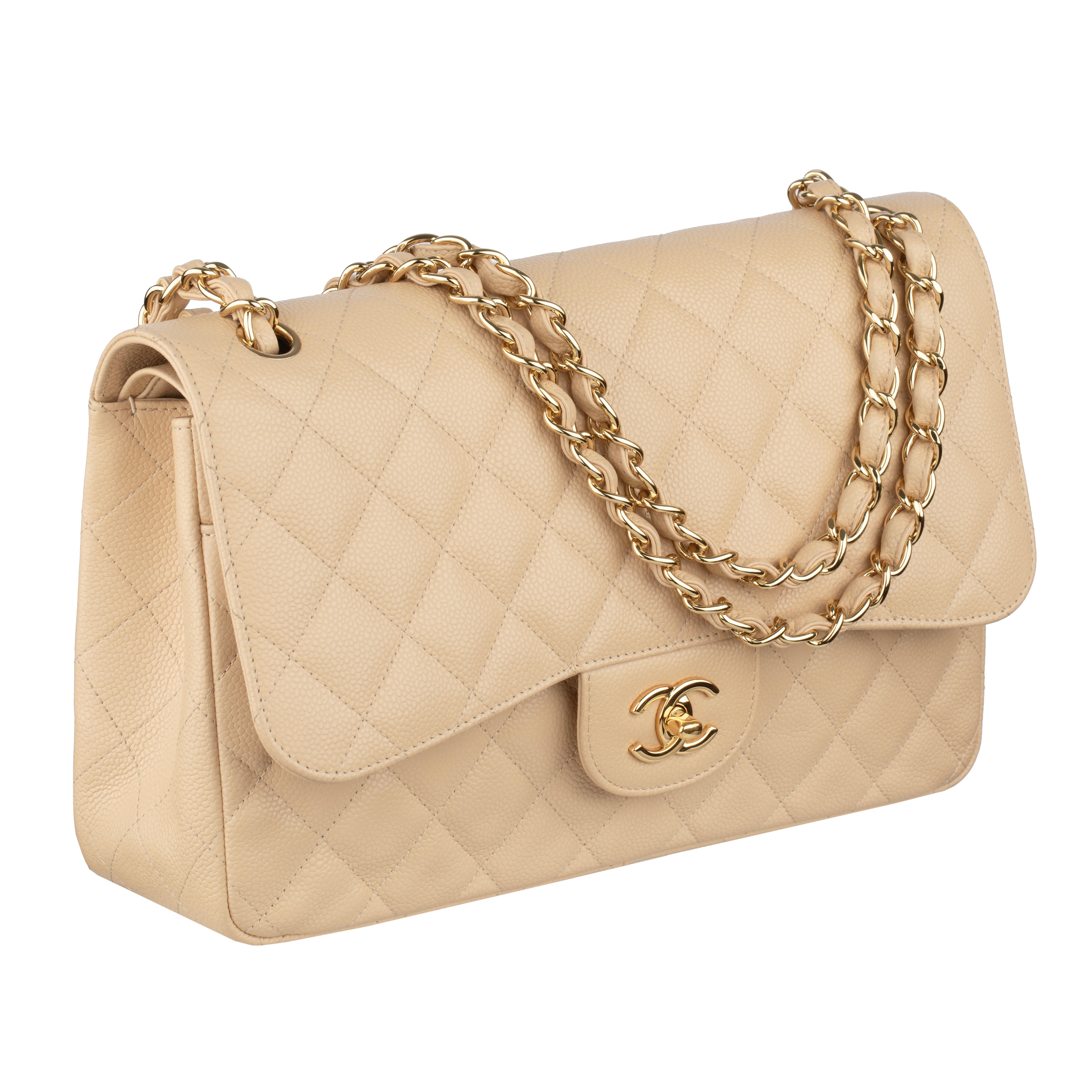 Chanel Classic Jumbo Double Flap Beige Quilted Caviar Leather Gold-Tone Hardware
