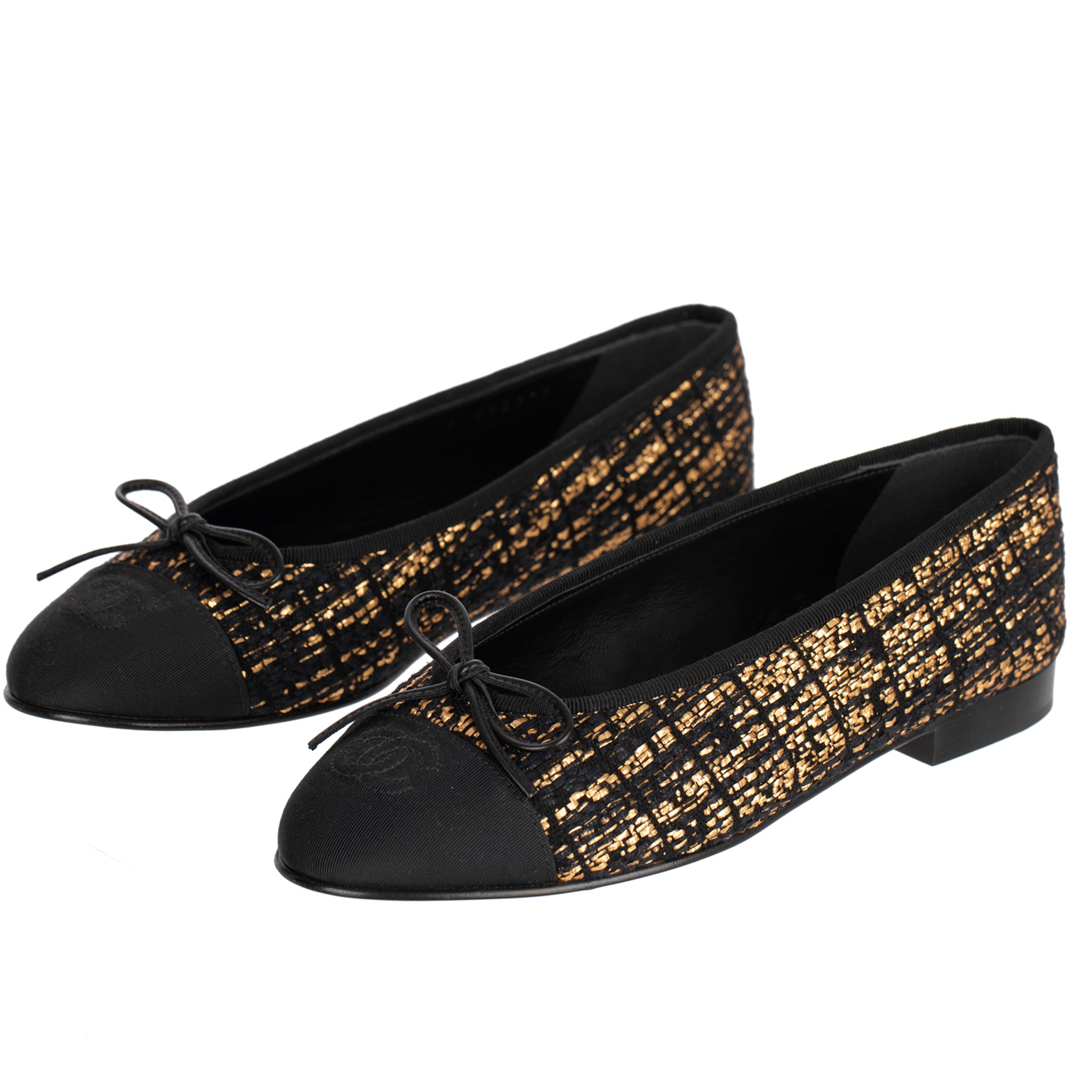 Chanel Black & Gold Tweed ballet Flats 37 FR