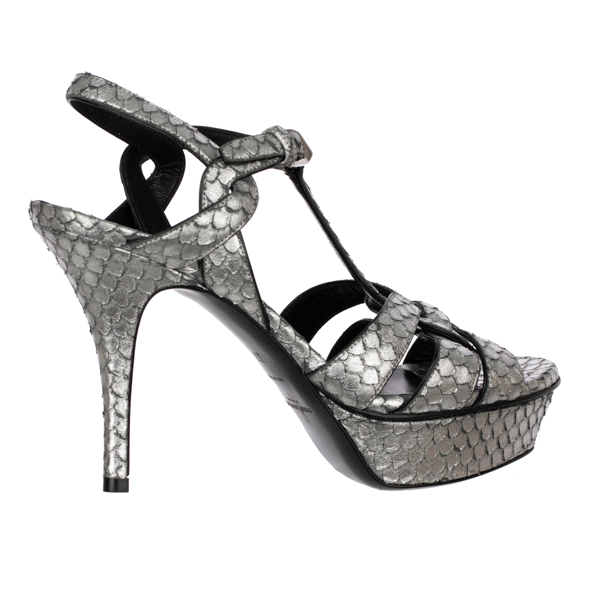 Yves Saint Laurent Metallic Silver Faux Python Leather Tribute Platform Sandals 37 FR