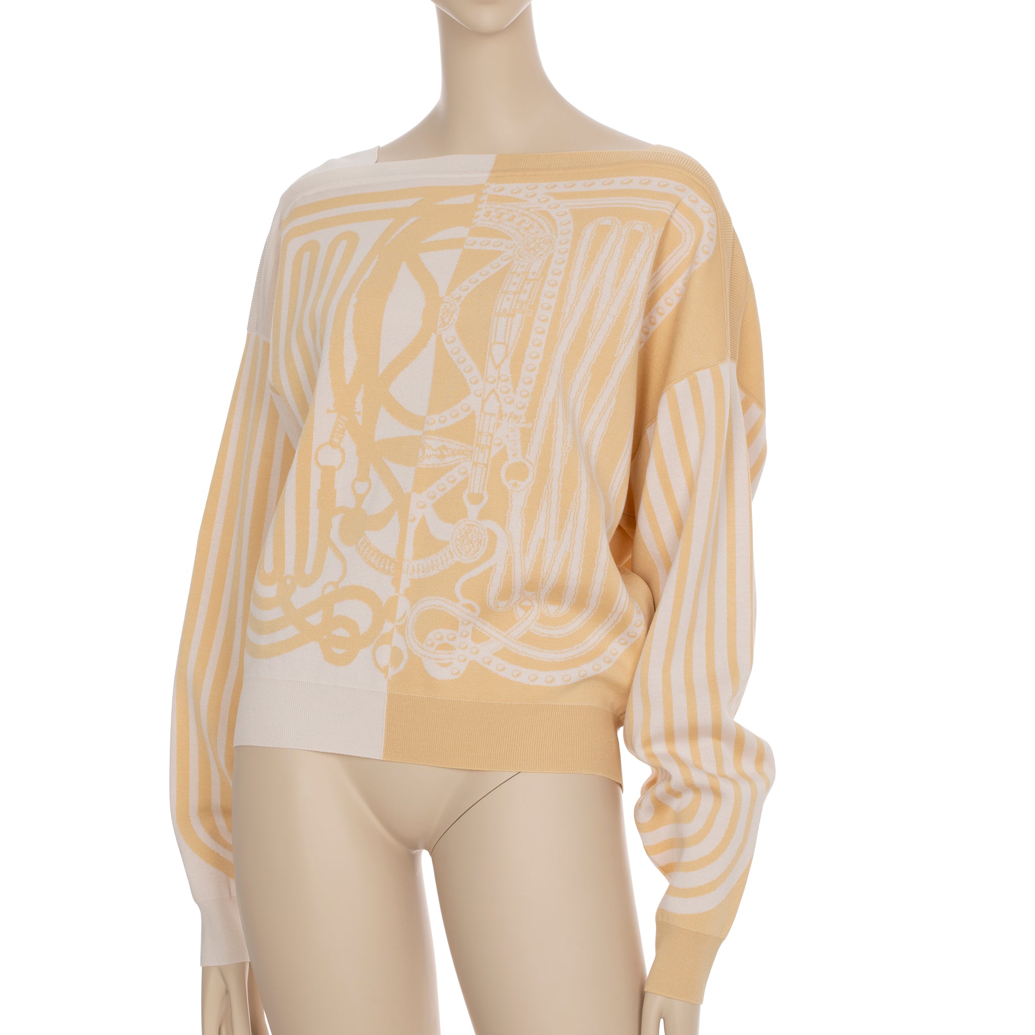 Hermes Knit Sweater "Grand Tralala" Ivory & Beige Print 40 FR