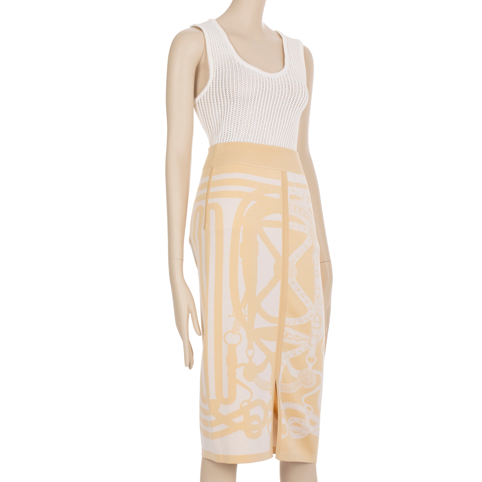 Hermes Long Skirt Knit Ivory & Beige 40 FR