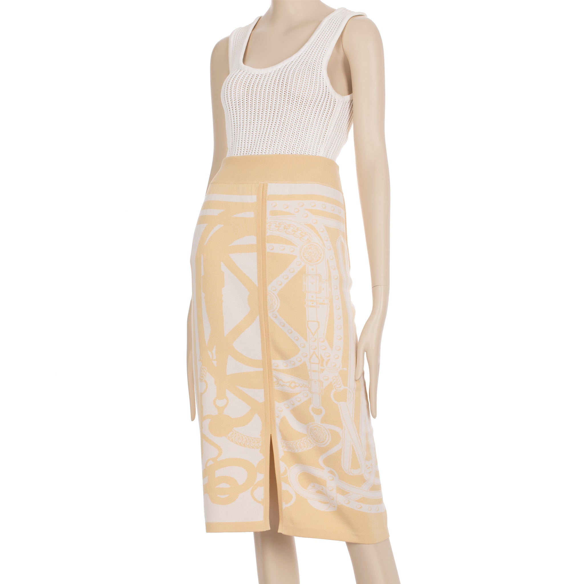 Hermes Long Skirt Knit Ivory & Beige 40 FR