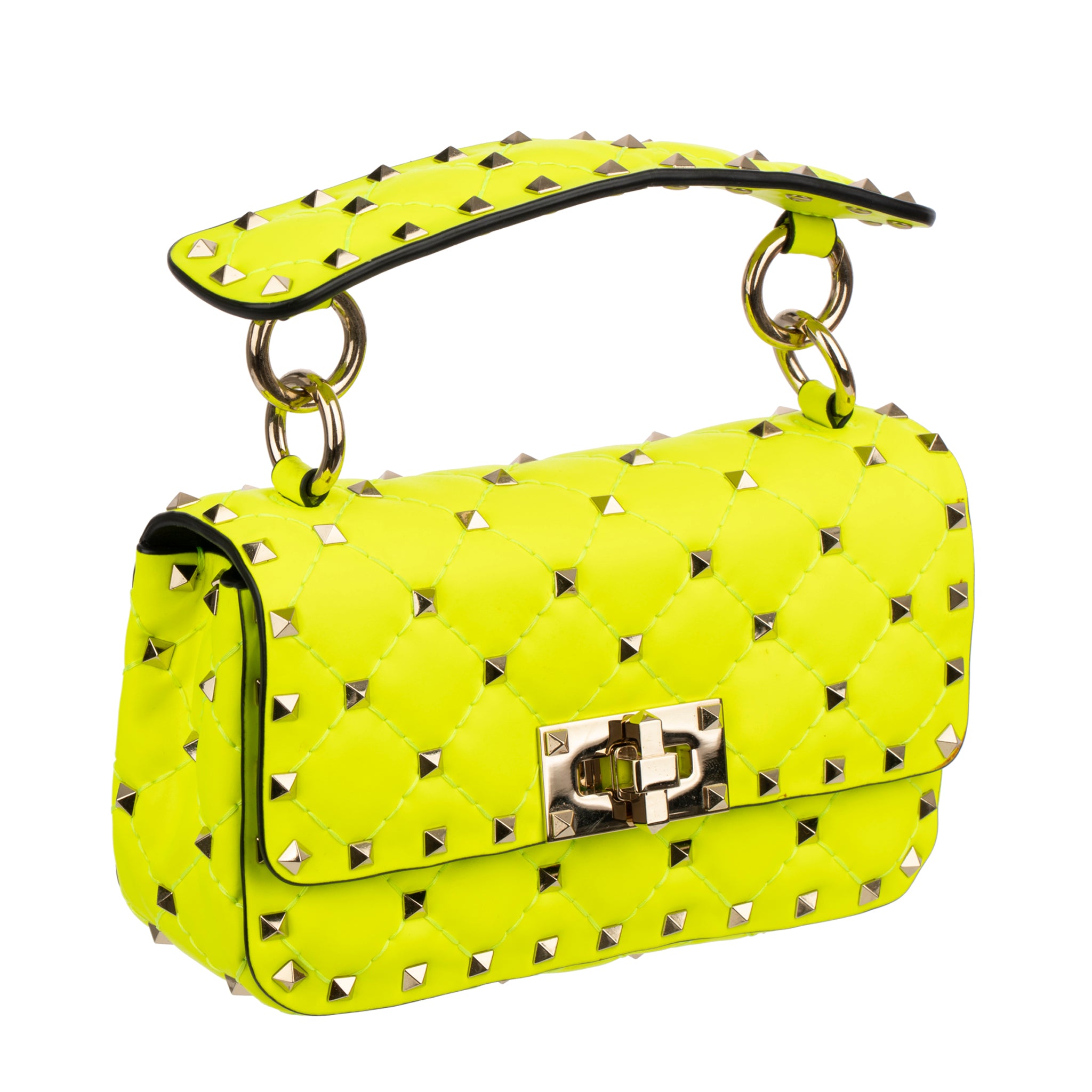 Valentino Neon Yellow Rockstud Crossbody Bag Silver Tone Hardware
