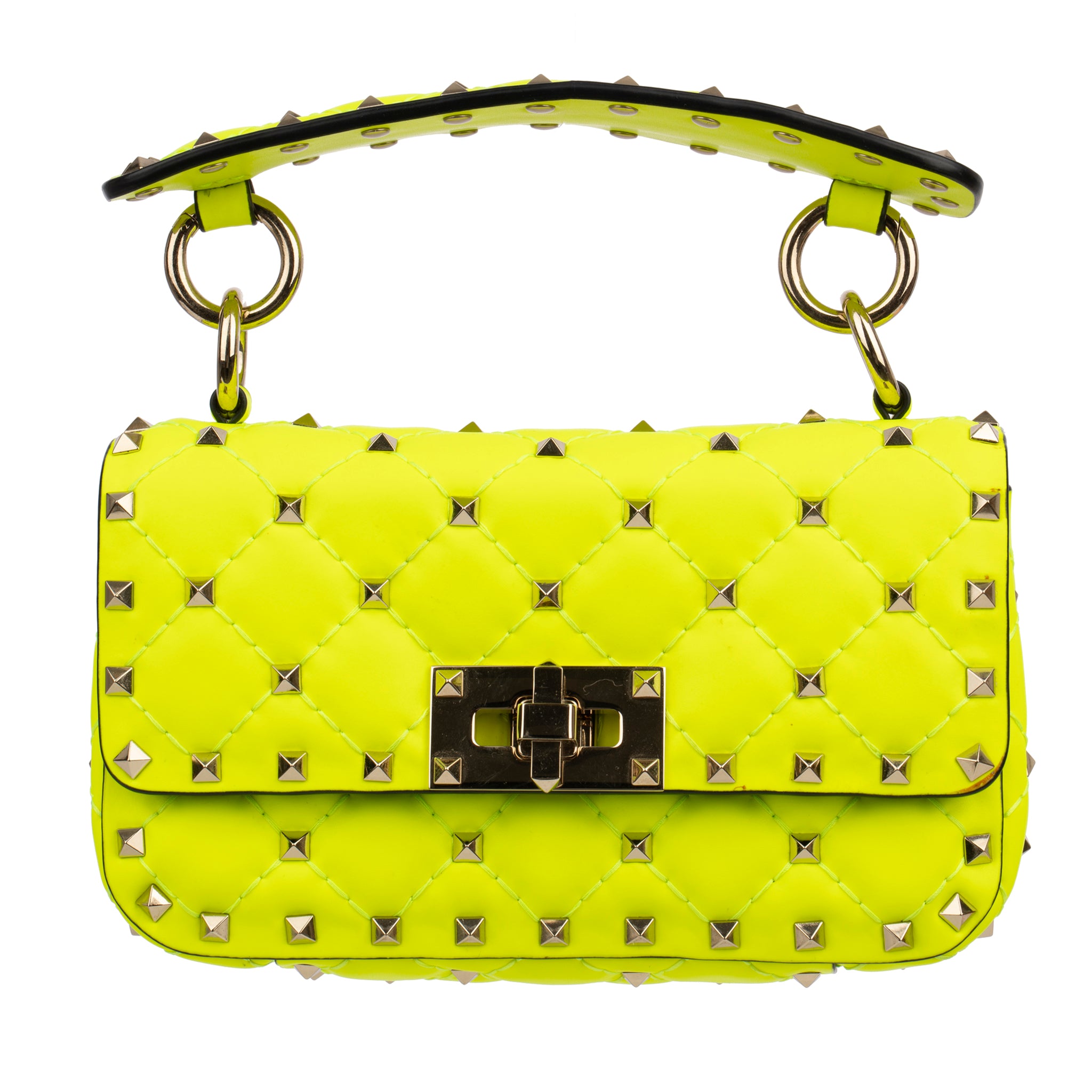 Valentino Neon Yellow Rockstud Crossbody Bag Silver Tone Hardware
