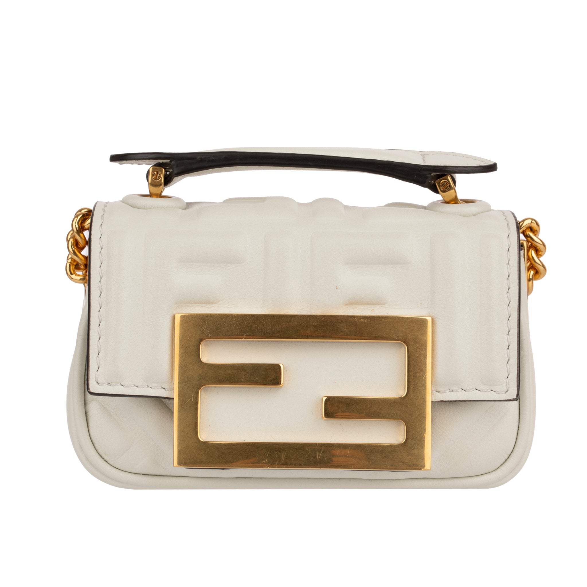 Fendi Ivory Leather Nano Baguette Chain Gold Tone Hardware