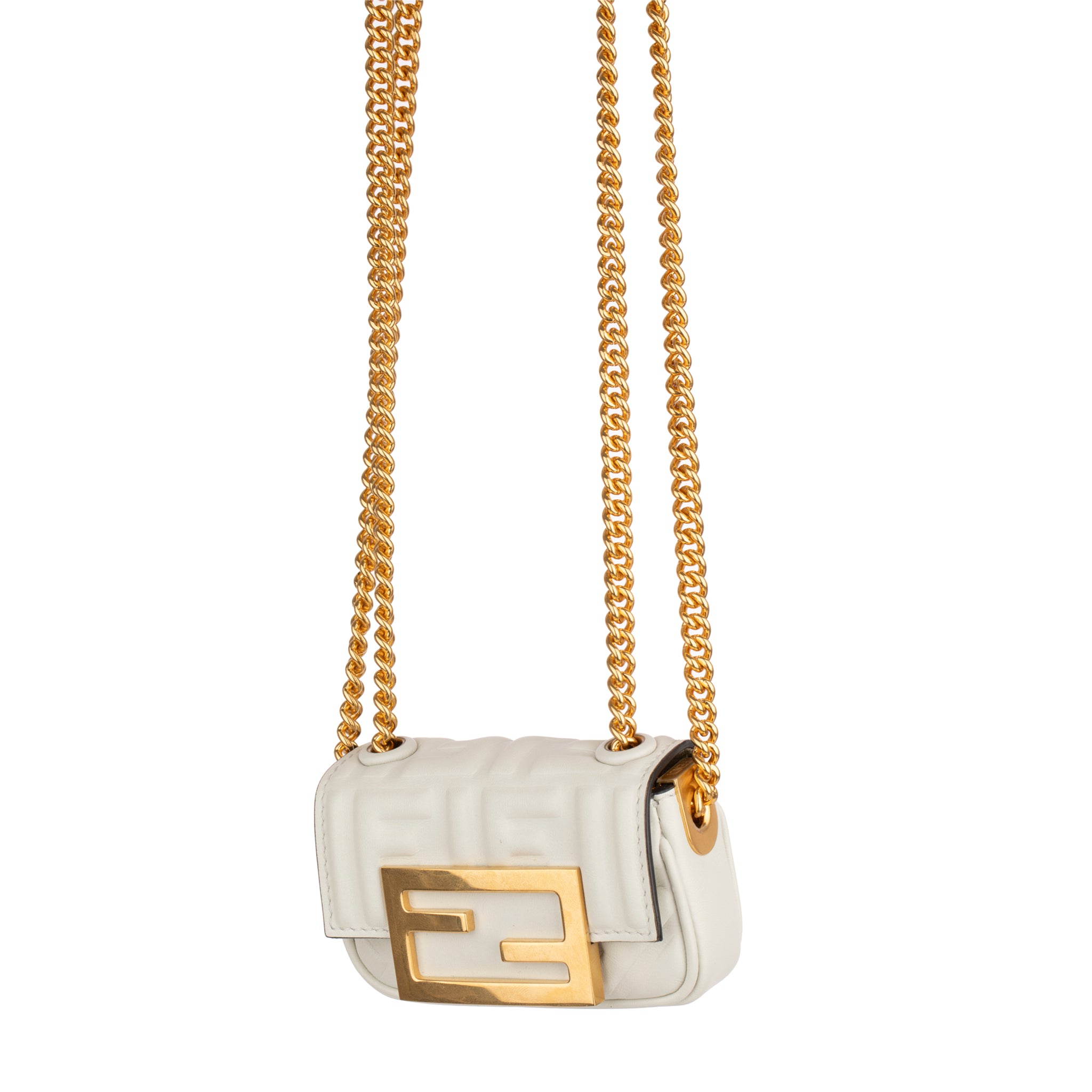 Fendi Ivory Leather Nano Baguette Chain Gold Tone Hardware