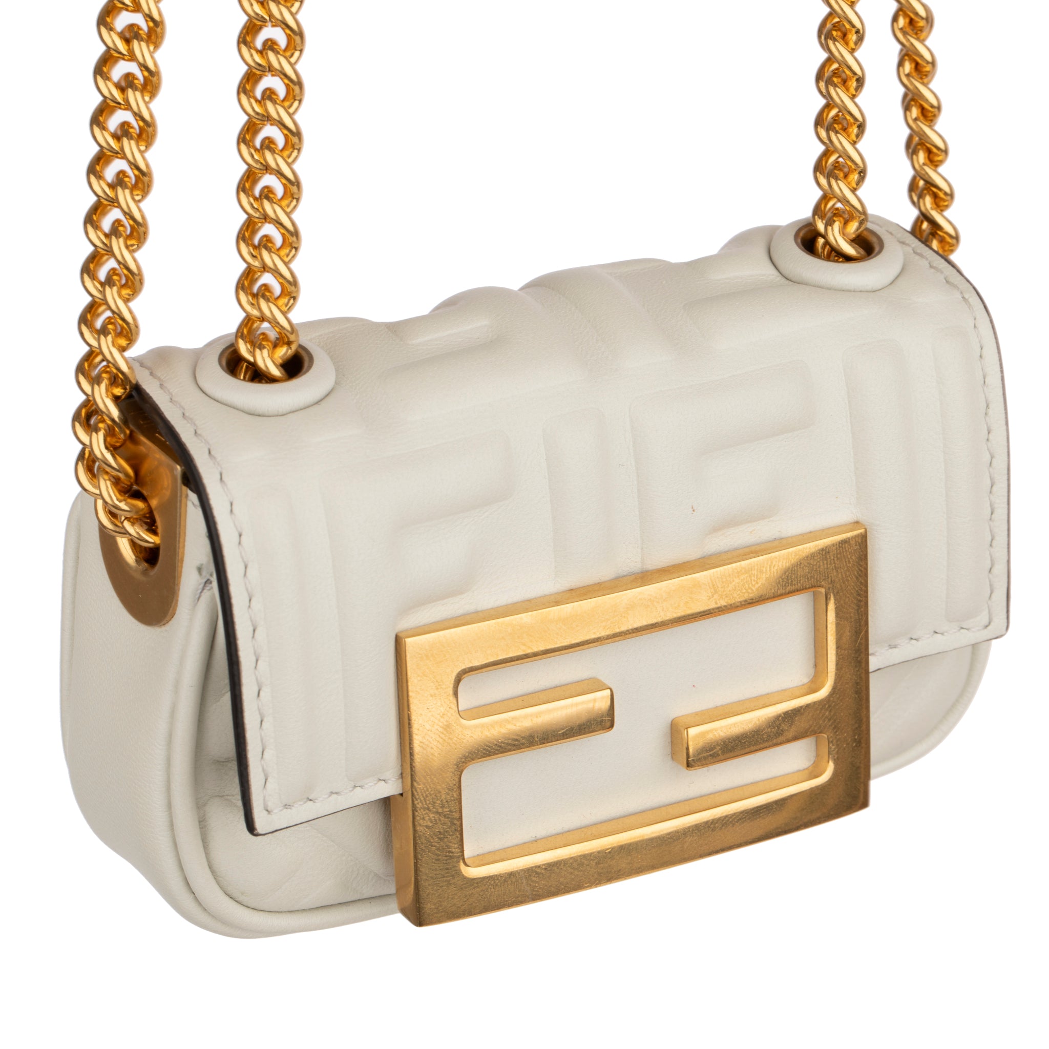 Fendi Ivory Leather Nano Baguette Chain Gold Tone Hardware