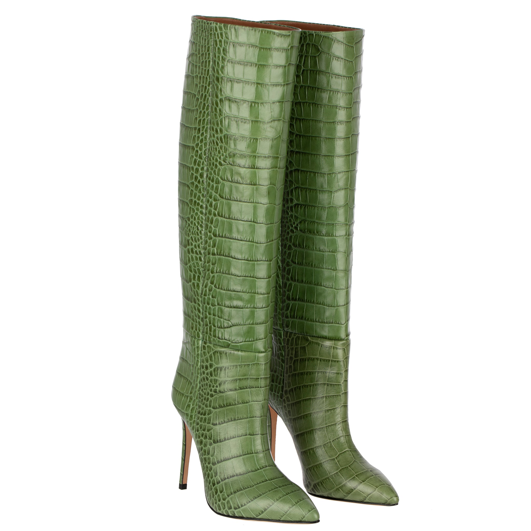 Paris Texas 110mm Crocodile Embossed Leather Tall Boots In Green 37