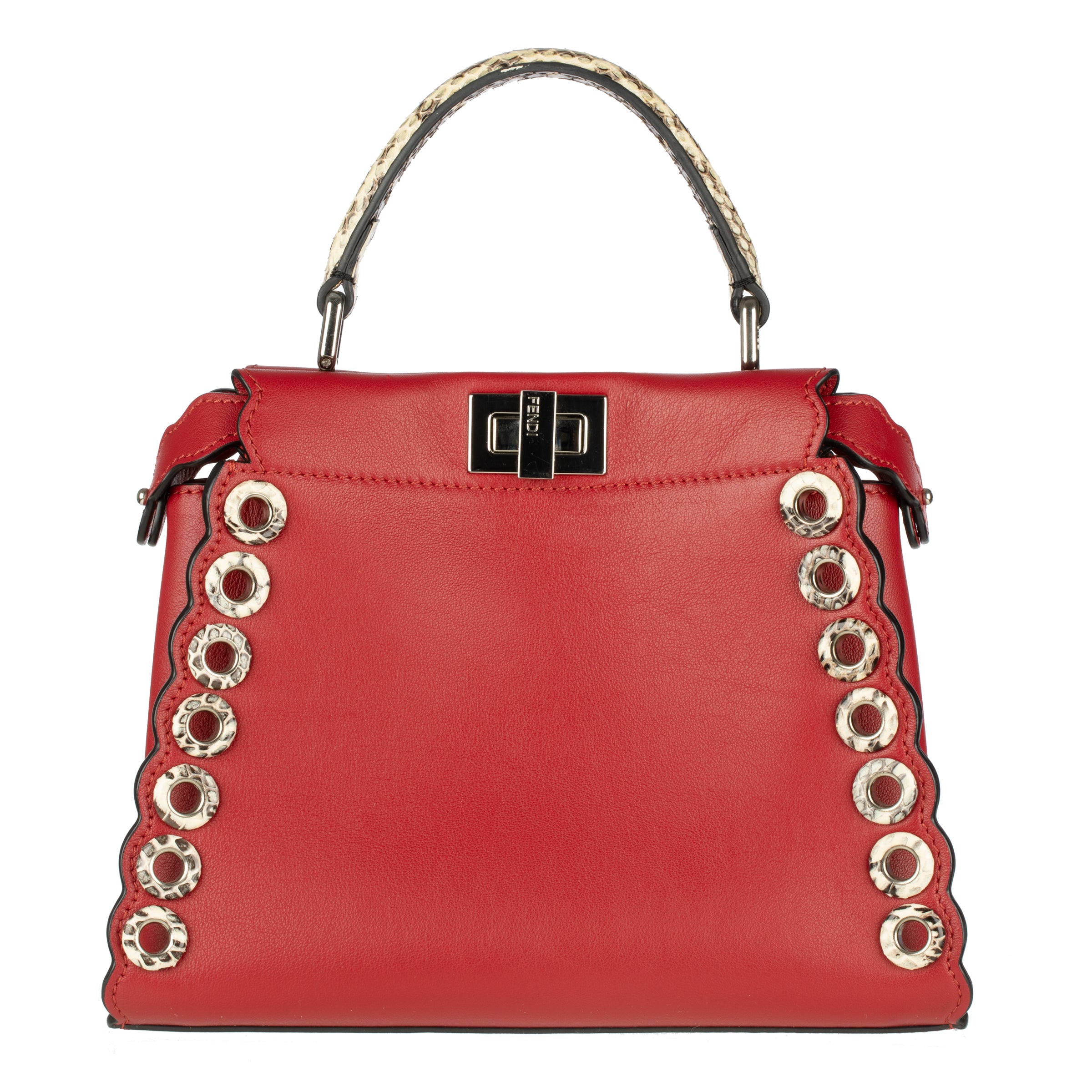 Fendi Red Leather & Snake Skin Eyelet Trim Mini Peekaboo