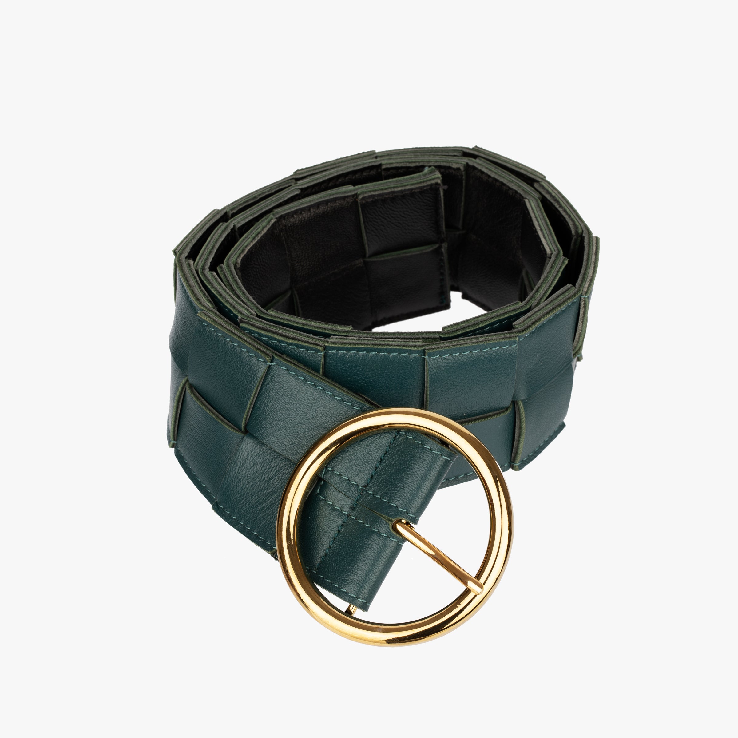 Bottega Veneta Wide Green and Black Intrecciato Leather Belt