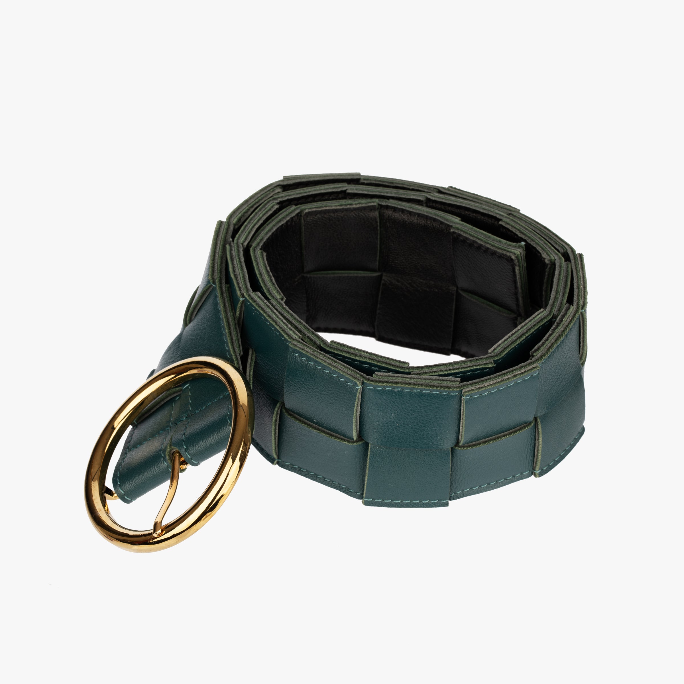 Bottega Veneta Wide Green and Black Intrecciato Leather Belt